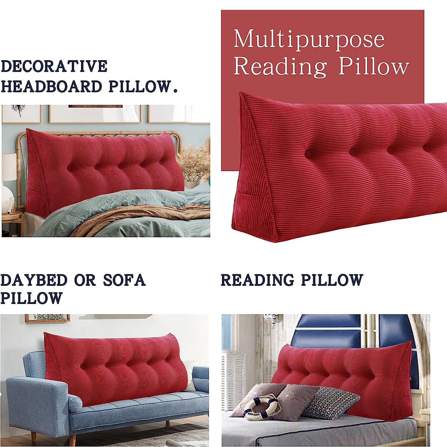 Cuscino triangolare da lettura in velluto rosso, cuscino per divano, supporto lombare, cuscino di supporto lombare, qualità premium, 120 x 50 x 25 cm, ideale per relax e comfort.