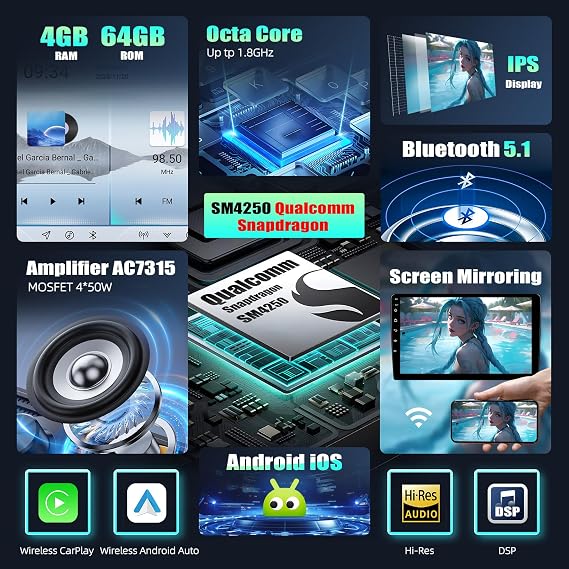 Qualcomm 8-Core 4G+64G Car Stereo Radio for BMW X3 E83 2004-2010 with Wireless CarPlay Android Auto, 9 IPS Touch Screen Android 15 Car Radio with Hi-Res DSP Bluetooth 5.0 GPS FM WiFi HD Backup Camera