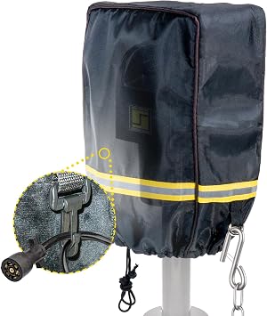 RV Electric Tongue Jack Head Cover - with A Hook Inside, Upgraded Thickened, Enhance Visibility, Stay Dry and Secure with Adjustable Drawstring