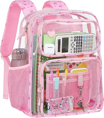 Clear Backpack for School - 17 inch Heavy Duty Clear Bookbag | 2 Front Pockets, Reinforced 900D Oxford Base, Padded Straps, 0.5mm Thick PVC, Fit 16"Laptop, Load 22 lbs. Age 12+ Students