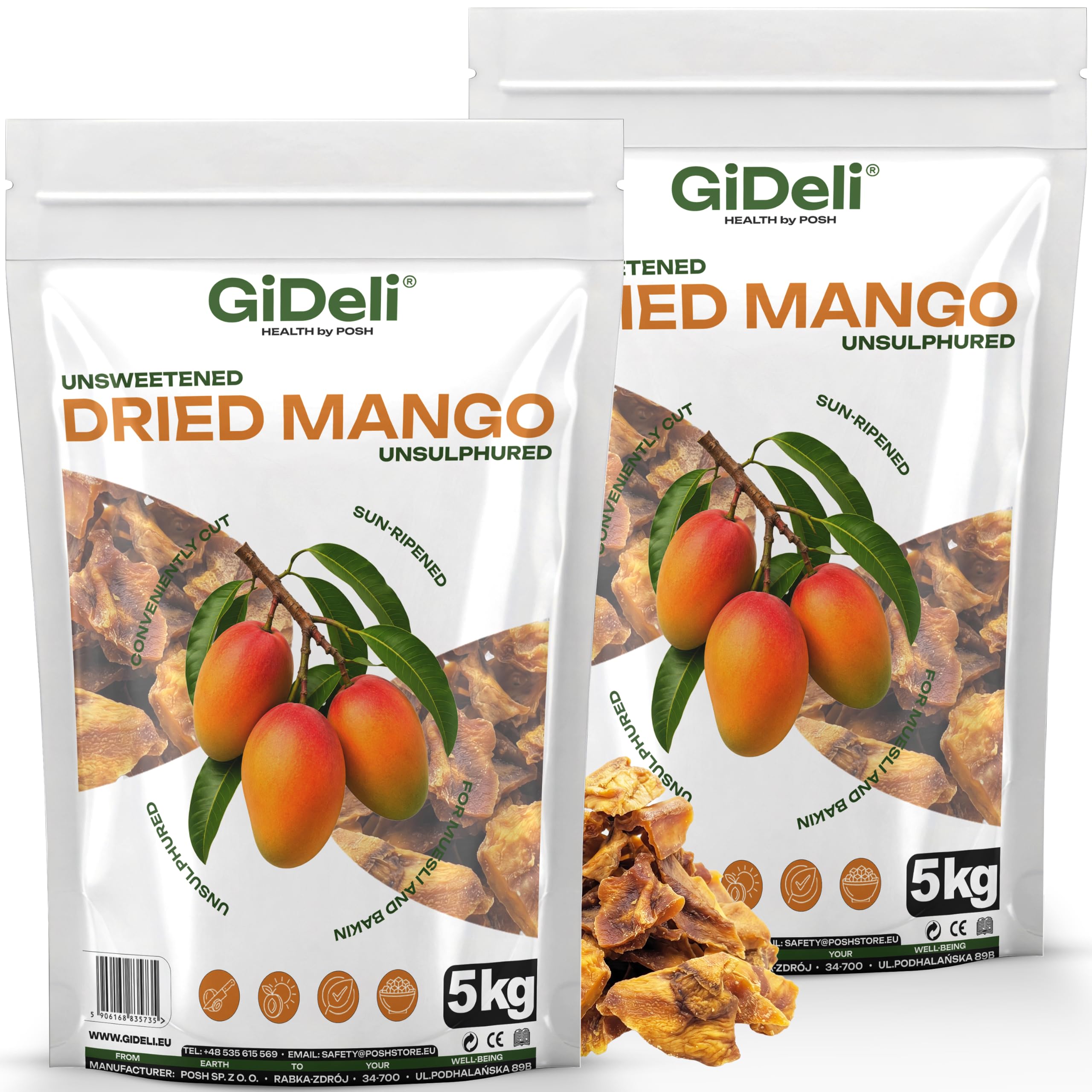 GiDeli Getrocknete Mango Ungesüßt Ungeschwefelt 2x5kg - Naturbelassene Trockenfrucht ohne Zuckerzusatz - Sonnengereifte Mangostreifen - Natürliche Ballaststoffquelle - Ideal für Müsli & Backen