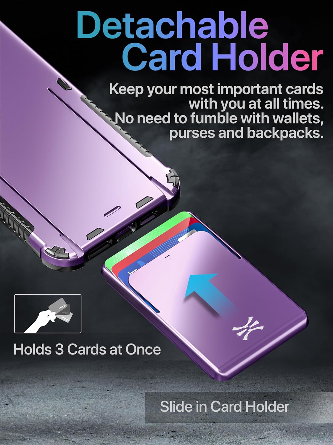 TORU MX PRO for iPhone 14 Plus Slim Hard Wallet Case | Dual Layer Protective Shockproof Cover with Built-in Magnets for MagSafe Compatible | Detachable Sliding Card Holder for 3 Cards - Purple