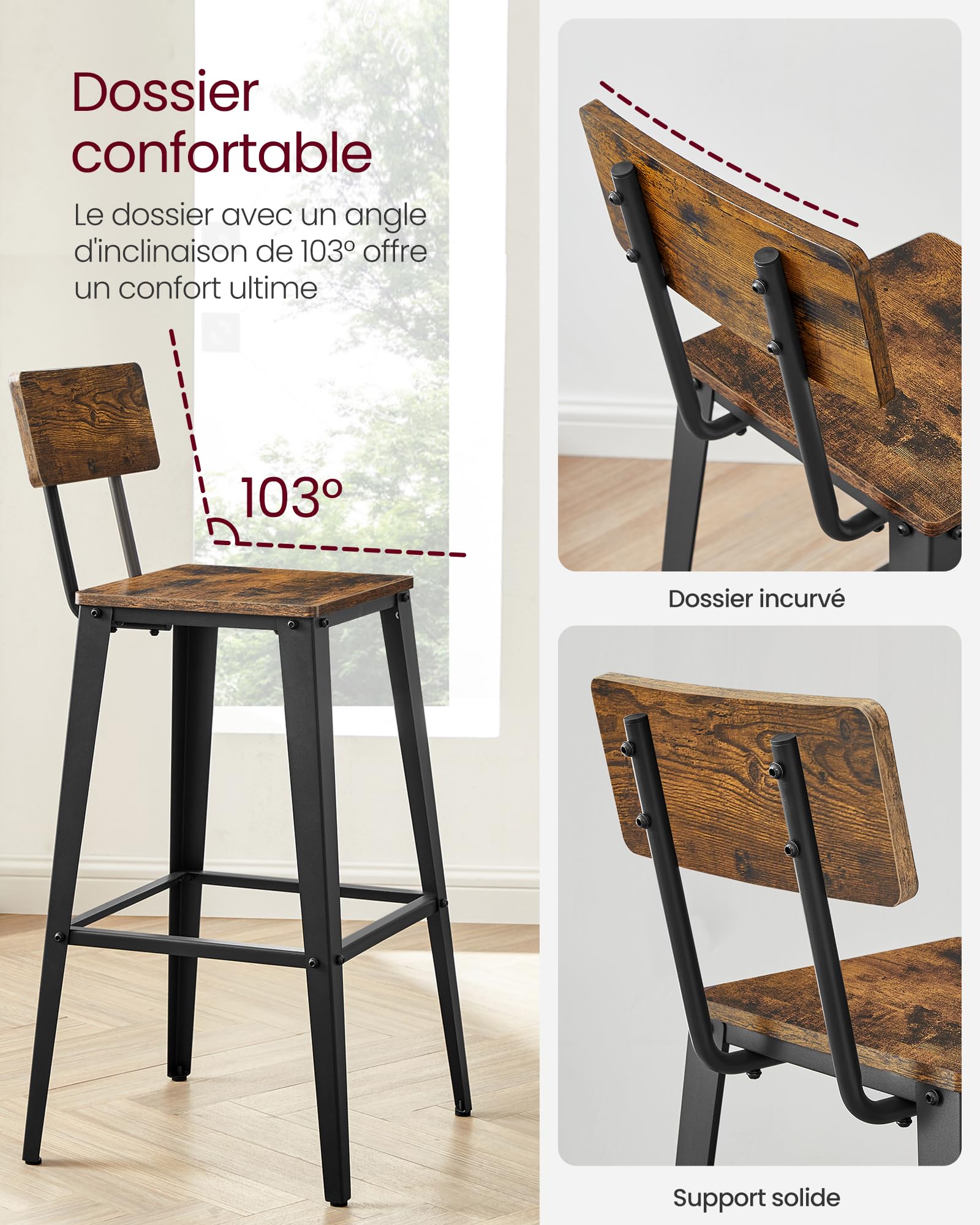 VASAGLE Tabouret Bar Industriel, Lot de 2, Chaise Bar Cuisine, avec Dossier, Cadre en Acier, Montage Facile, Style Industriel, Marron Rustique et Noir d'encre LBC078B01
