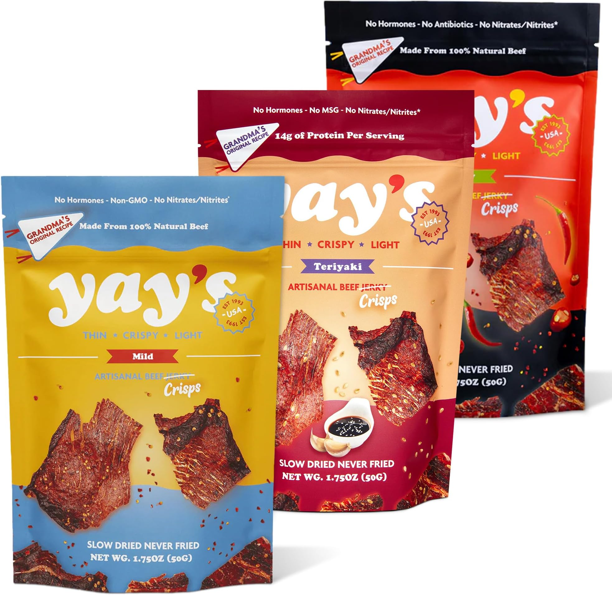 Yay's Beef Jerky Sampler Pack – Healthy High-Protein Snacks, Variety Pack of 3 Flavors (Mild, Spicy, Teriyaki), Low-Carb, Healthy Meat Snacks for Any Occasion – 3 Bags (1.75 oz Each)