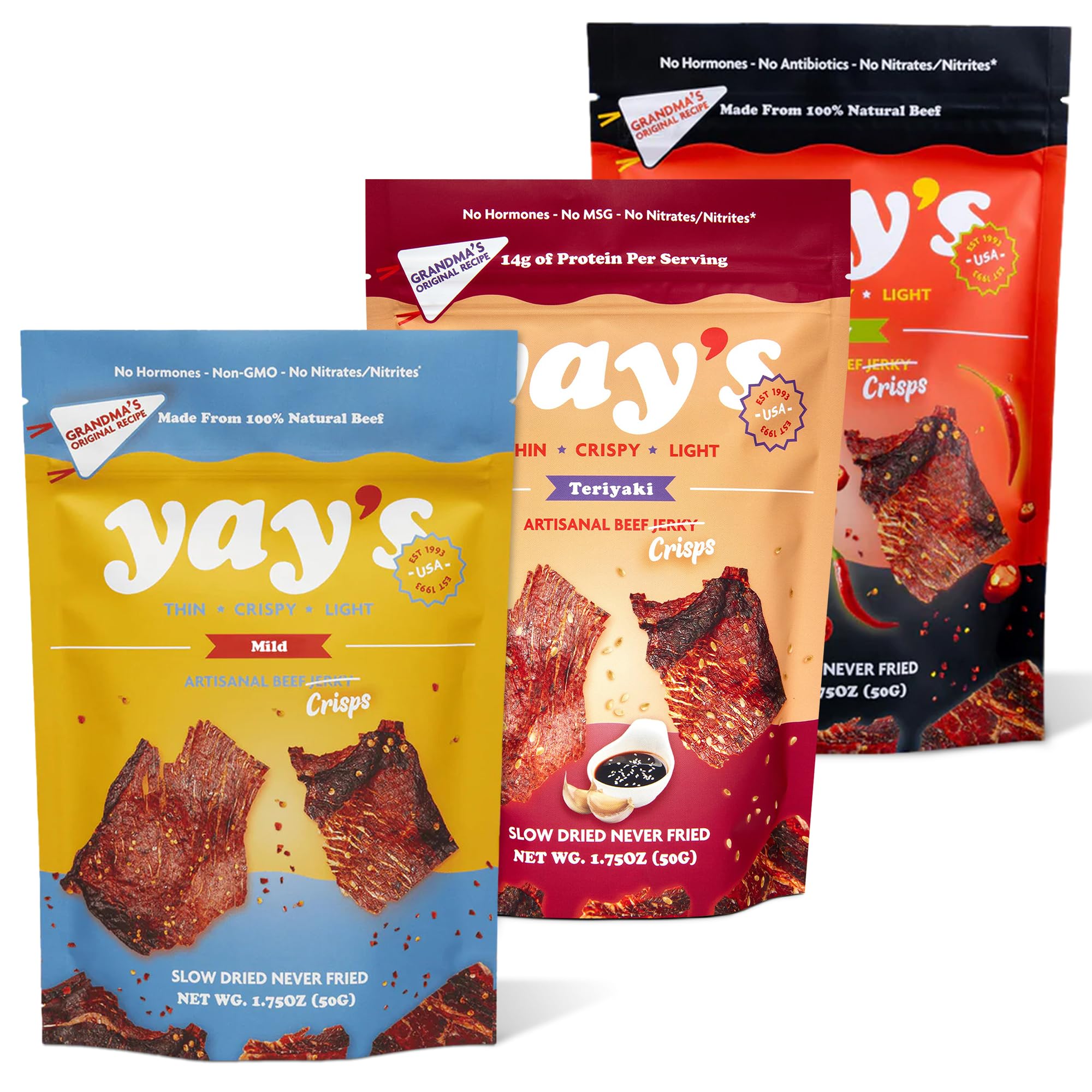 Yay's Beef Jerky Sampler Pack – Healthy High-Protein Snacks, Variety Pack of 3 Flavors (Mild, Spicy, Teriyaki), Low-Carb, Healthy Meat Snacks for Any Occasion – 3 Bags (1.75 oz Each)