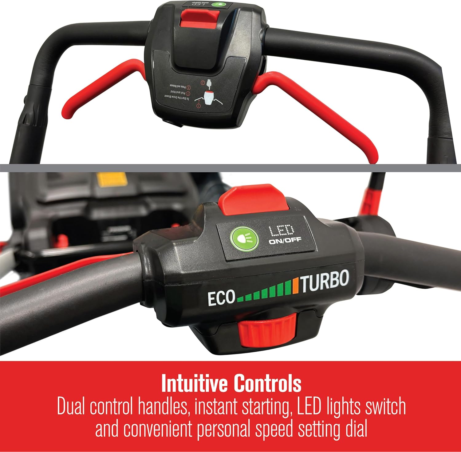 Close-up of intuitive controls on the PRORUN snow blower, including dual control handles, instant starting button, LED lights switch, and speed setting dial.