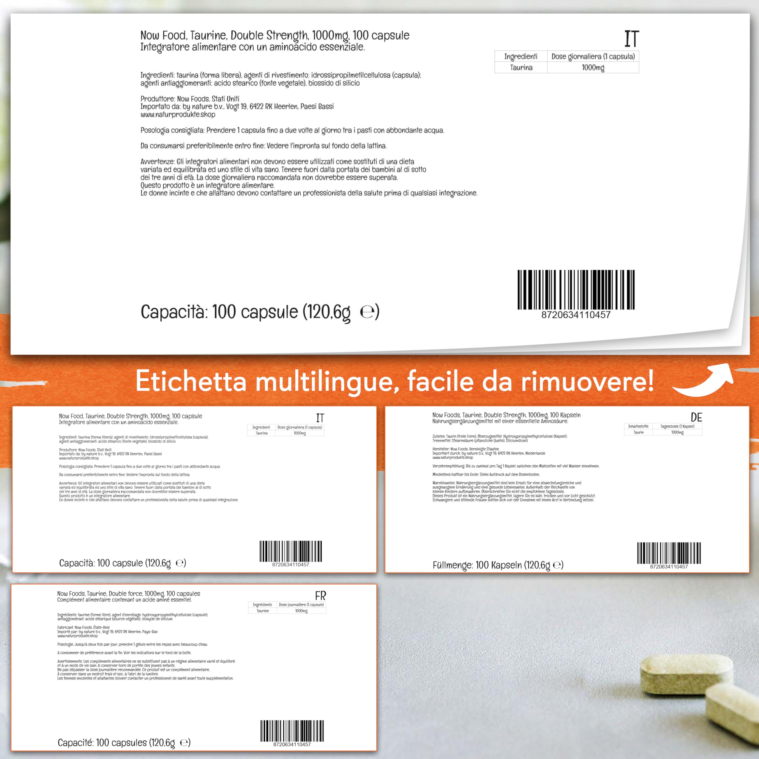 Now Foods, Taurine, Doppia Forza, 1.000mg, 100 Capsule vegan, Testato in Laboratorio, Aminoacido, Senza Glutine, Senza Soia, Vegetariano