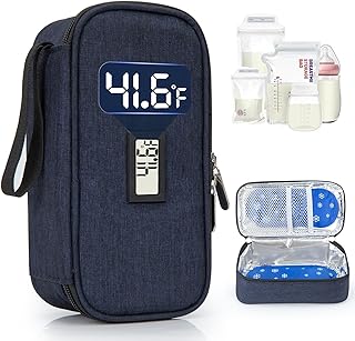 Breast Milk Cooler Travel Bag, Real-Time Temperature Display, Holds 4-6 Breastmilk Storage Bag with 2 Breast Milk Ice Pack, Cooling & Waterproof Portable Cooler for Moms on the Go (Navy Blue)