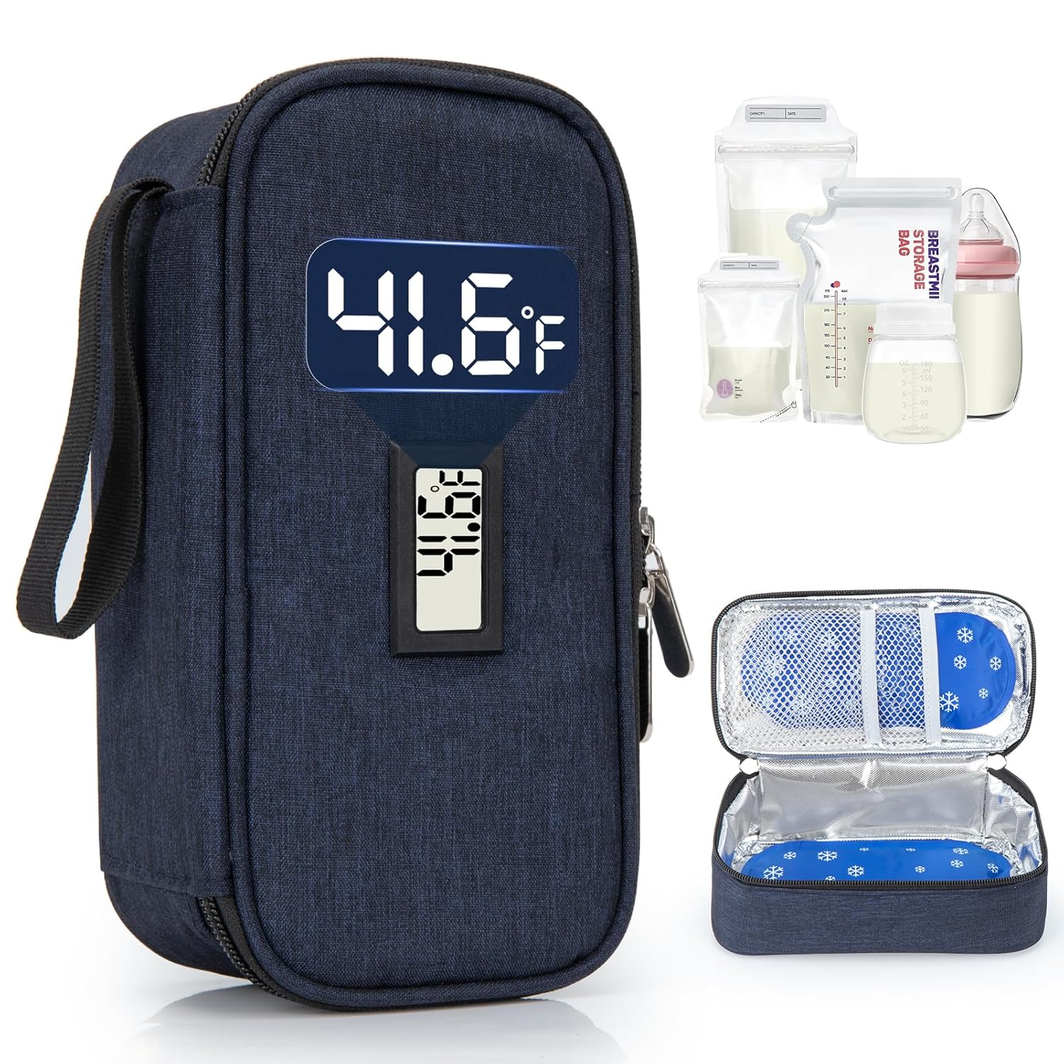 Breast Milk Cooler Travel Bag, Real-Time Temperature Display, Holds 4-6 Breastmilk Storage Bag with 2 Breast Milk Ice Pack, Cooling & Waterproof Portable Cooler for Moms on The Go (Navy Blue)