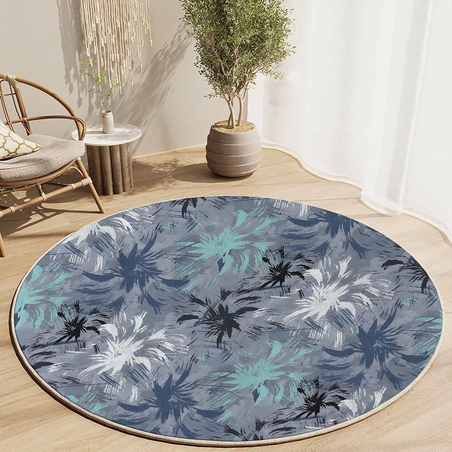 Round Rug 3 FT Bohemian Chair Mats for Low Pile Grunge