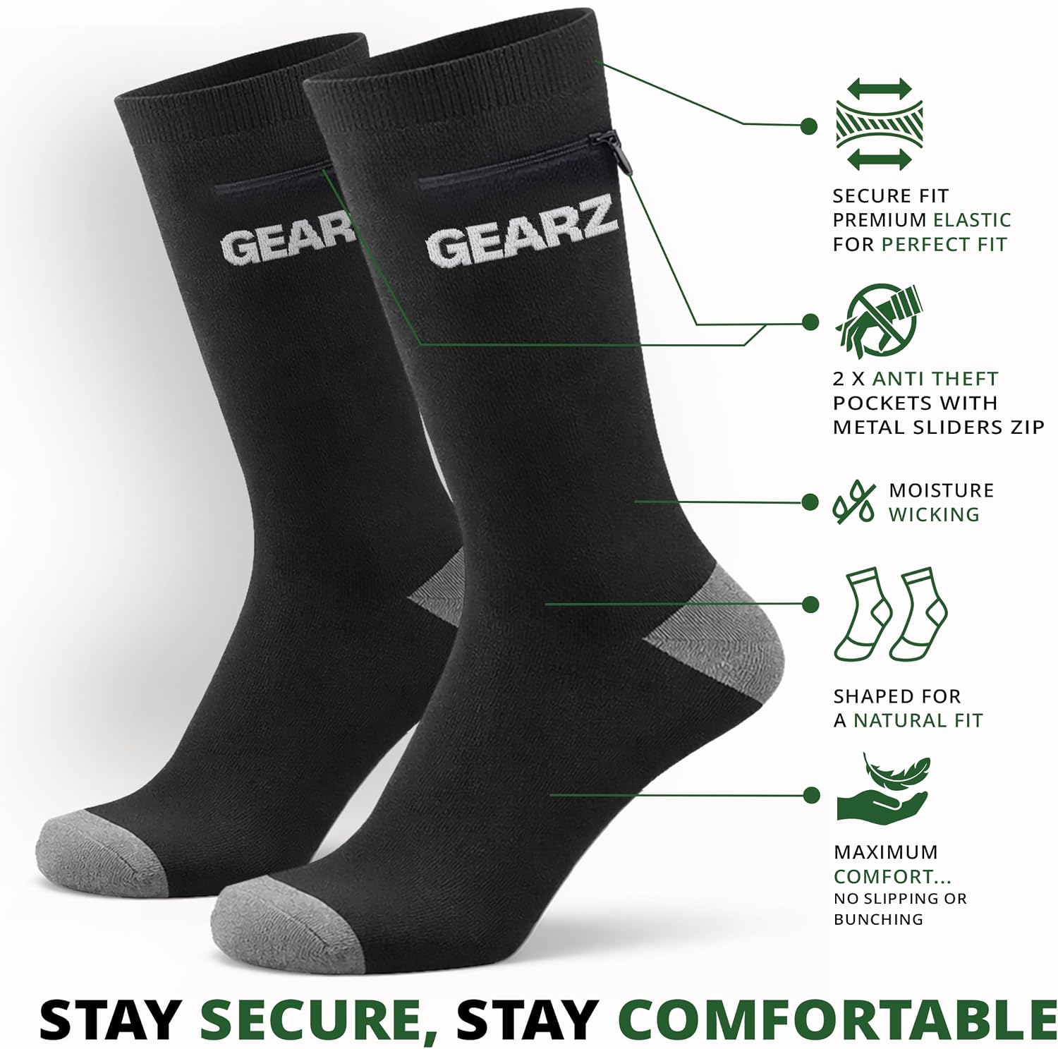 GEARZ 3 Pairs Women's Hidden Pocket Socks – Pickpocket Proof Travel Socks with Zip Pocket – Cash & Card Wallet Socks