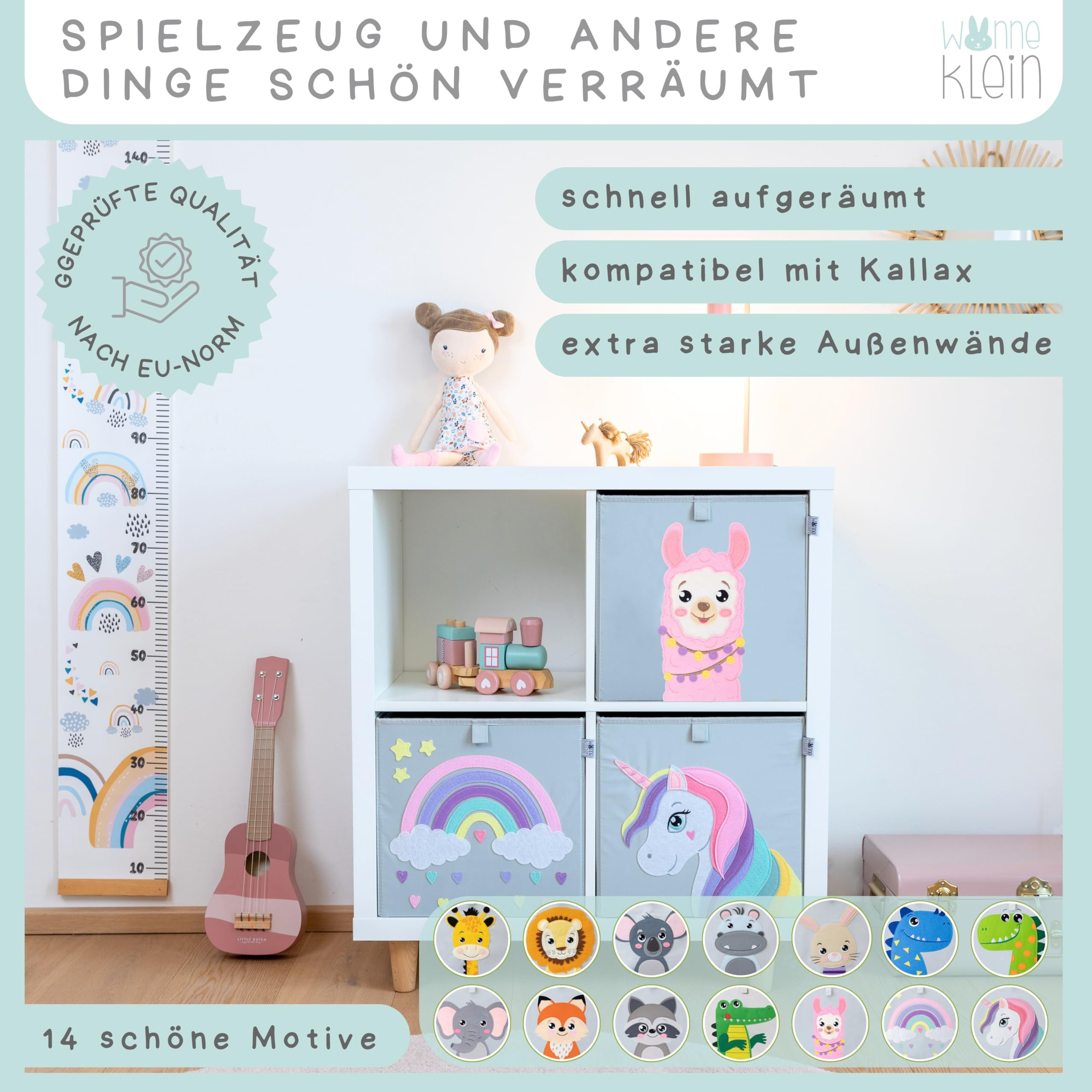Scatola portaoggetti per bambini – 33 x 33 x 33 cm – Scatola pieghevole con motivo animali – Scatola per riporre gli scaffali Kallax – Set da 3 pezzi di alpaca, unicorno, arcobaleno