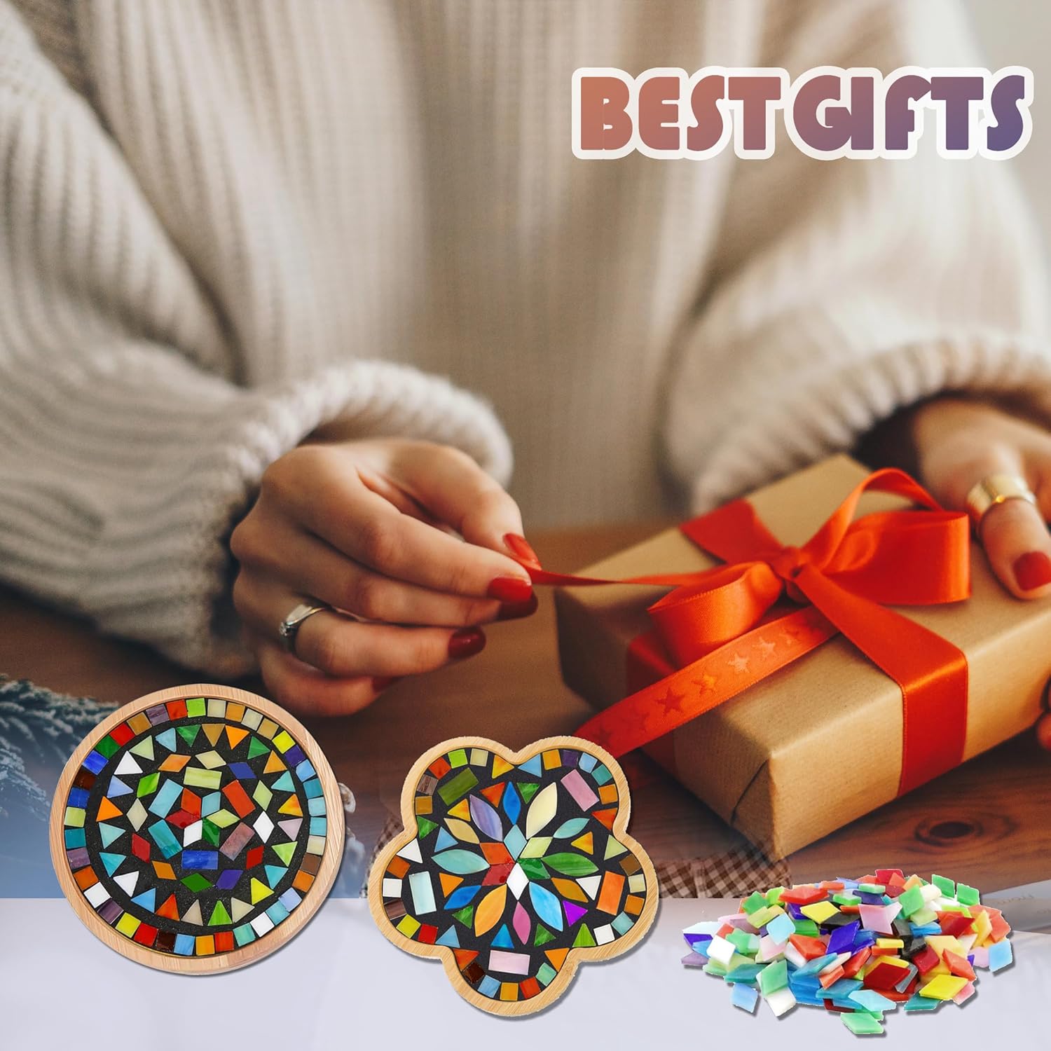 DIY Mosaic Craft Kit for Adults,Stained Glass Kits Mosaics Tiles for Crafts with Large Wooden Coaster Making Materials Package,Mosaic Ceramic Supplies for Women Beginners Handmade Decor Gifts