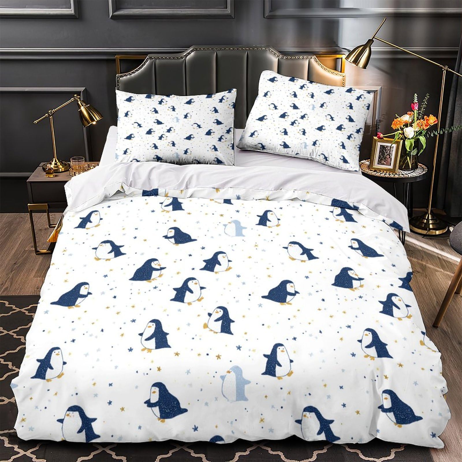 Housse de couette pingouin 135x200 parure de lit enfant microfibre douce fermeture éclair
