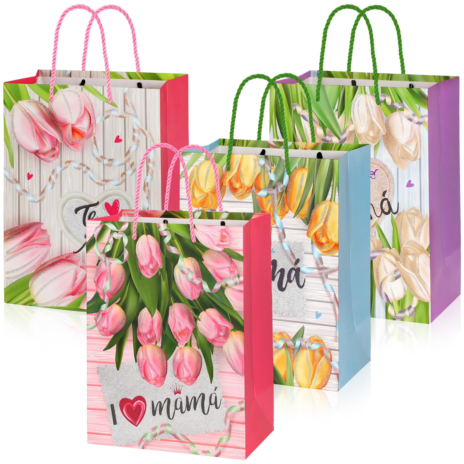 HOWAF Mothers Day Bags, 12pcs Happy Mother's Day Treat with Handle for Mom's Birthday Gift Wrapping Supplies, I Love Mama Floral Candy Bag, Te Mama