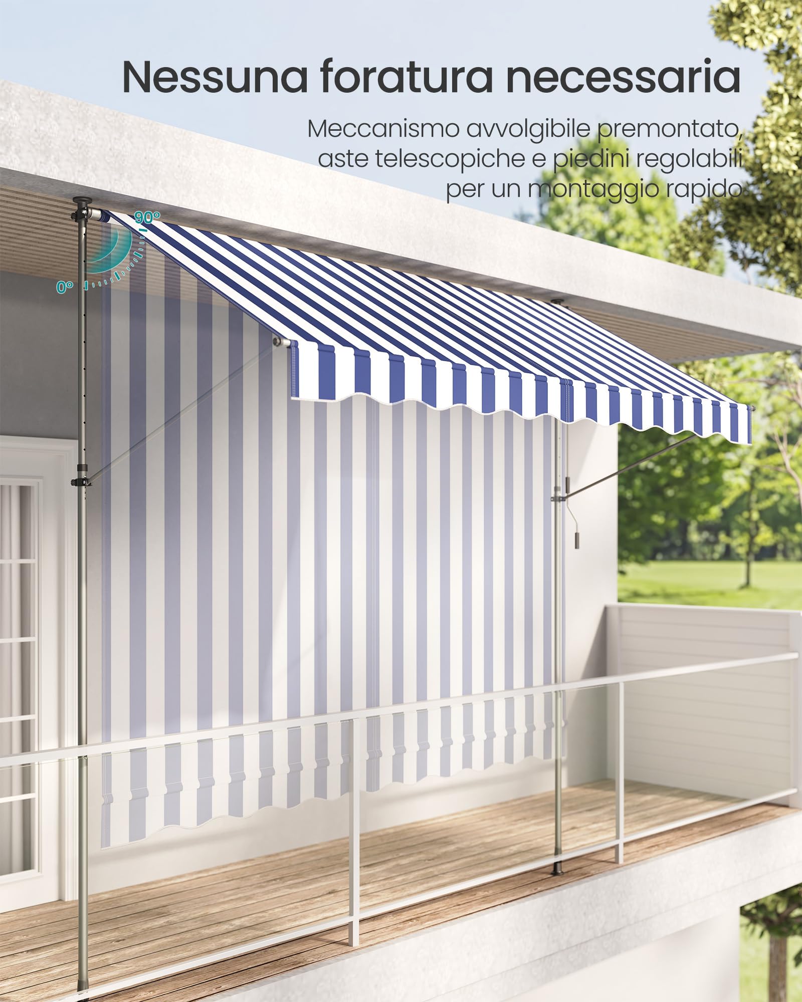 SONGMICS Tenda da Sole Avvolgibile, Tendalino Parasole Retrattile Manuale, Regolabile in Altezza con Manovella per Balcone Giardino Patio, 300 x 120 cm, Blu e Bianco GSA302QZ01