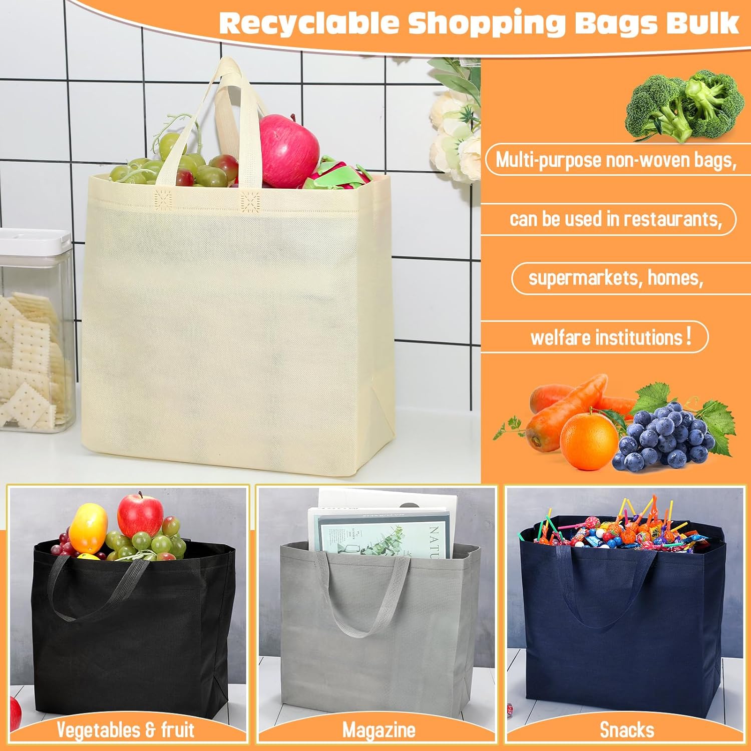 Windyun Reusable Grocery Bags Large Non Woven Shopping Bags with Handles Foldable Portable Tote Bulk, 12.6 x 11.8 x 6.3 Inch - Image 5