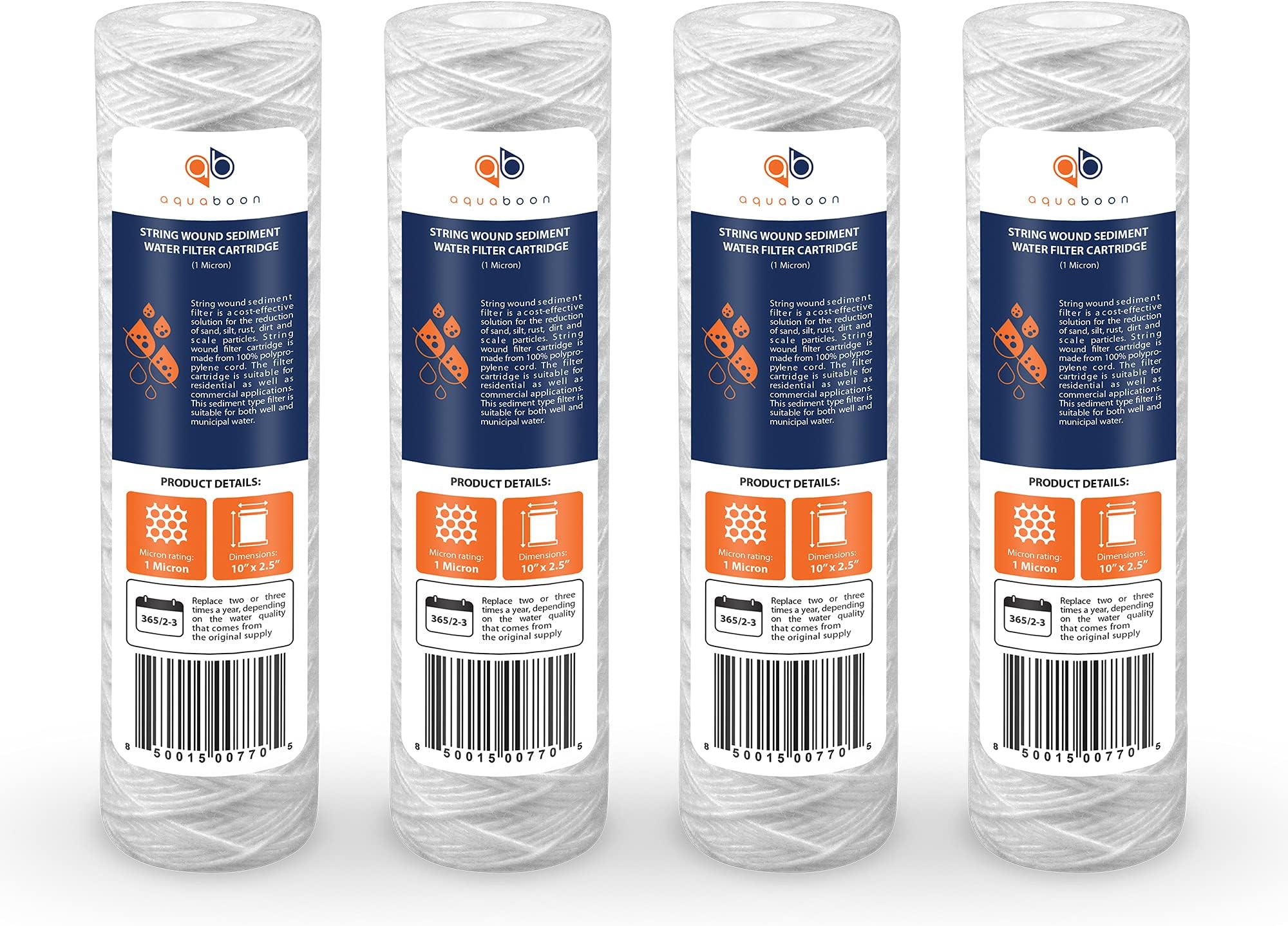 Aquaboon Whole House 1 Micron String Wound Water Filter 10 x 2.5 Cartridge for Well Water Filter Replacement Compatible with WHKF-WHSW, AP110, 4-Pack