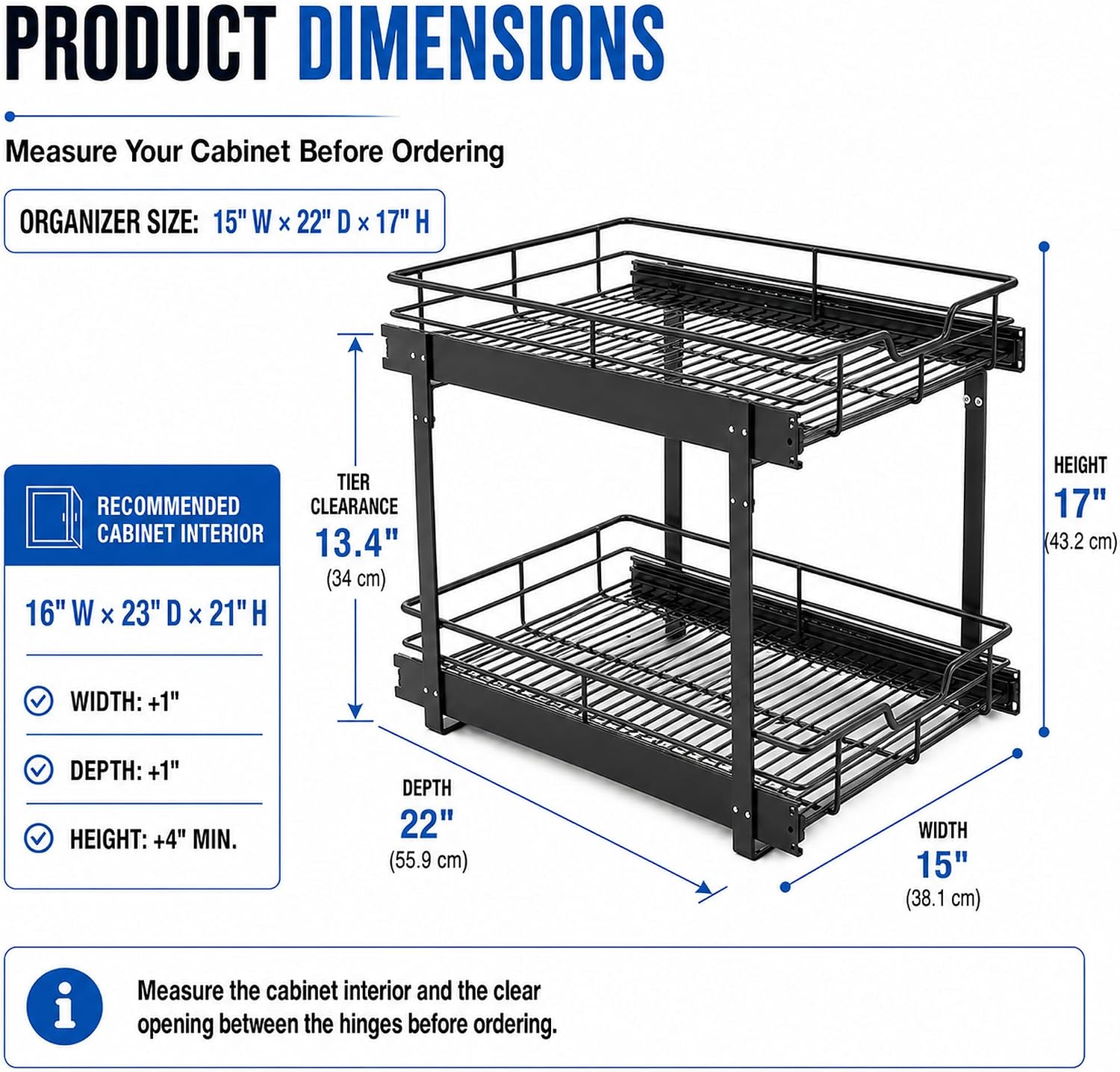 Matte Black 2 Tier Pull Out Cabinet Organizer 15" W x 22" D, Heavy Duty Cabinet Pull Out Shelves, Slide Out Drawers Organization for Kitchen Cabinets Bathroom Pantry, Black Stainless Steel image 5