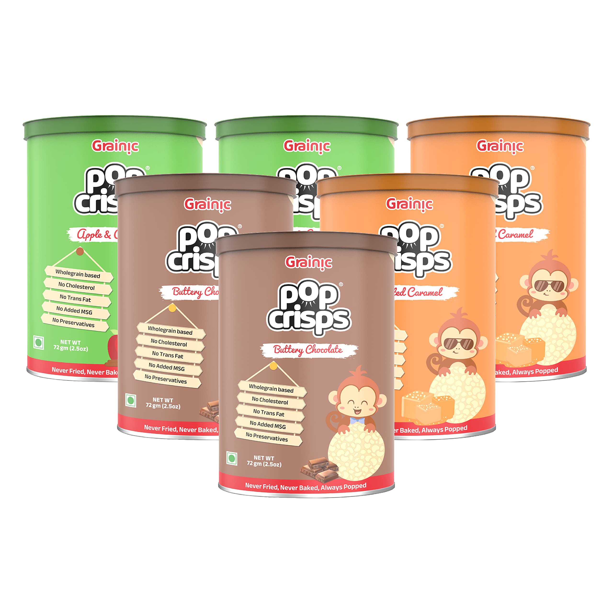 grainic popcrisps- assorted popped rice crisps i apple & cinnamon/salted caramel/buttery chocolate i never baked, never fried i 6 cans x 72 gms