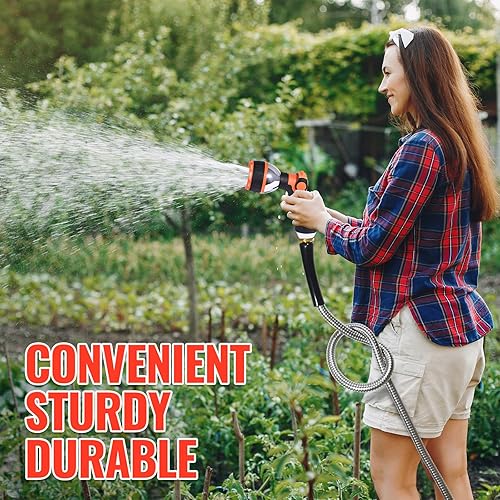 Miniatura 7 de YAMATIC Manguera de jardín de acero inoxidable de 100 pies con boquilla de pulverización de 10 patrones, manguera de agua de metal resistente, sin