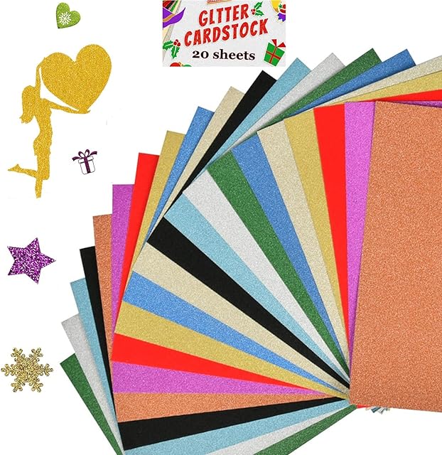 WOWOSS 20 Sheet Glitter Paper Cards No Shed A4 Colourful Sparlk Cardstock Papers 230GSM Shiny Card Papers for Craft Work Decoration(10 Colour)