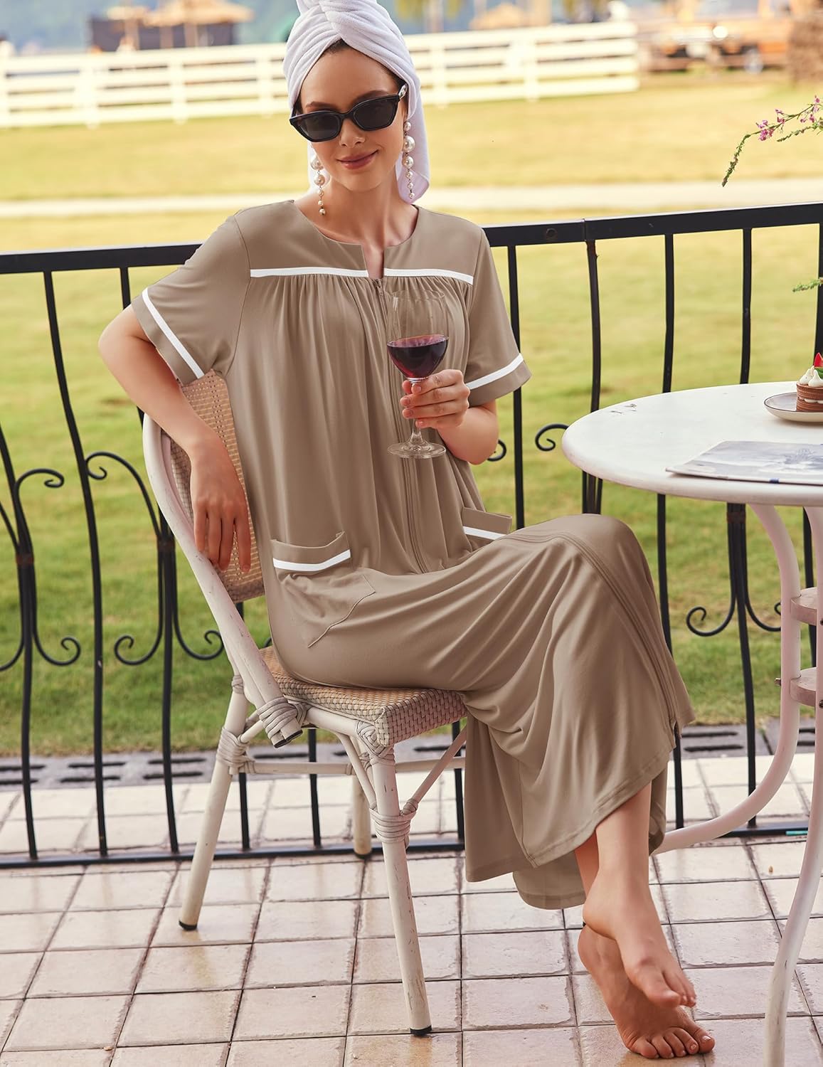 Ekouaer Zipper Robes for Women Short Sleeve Bathrobe Soft Lightweight Housecoat Full Length Nightgown with Pockets S-3XL - Image 3