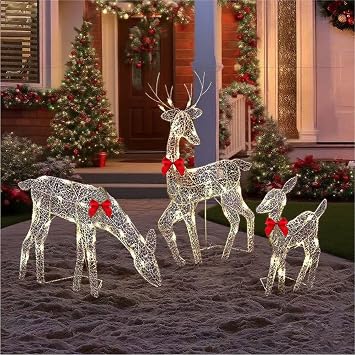 Pre-Lit Outdoor Christmas Deer Family Set, 2D Lighted Reindeer Decoration, 60 LED Warm White Lights, 3-Piece, Waterproof,Battery Powered for Indoor Outdoor Yard Display A