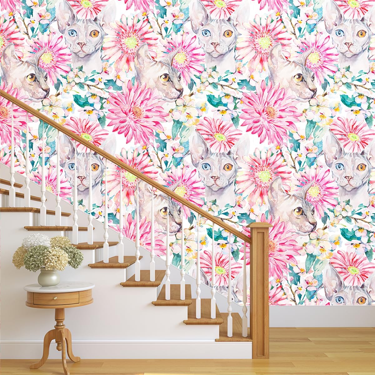 Pink Hairless Cat Wallpaper,17.71" x 118.1"Waterproof Floral Wallpaper Peel and Stick Contact Paper Removable Self Adhesive Wall Paper for Bedroom Board Walls
