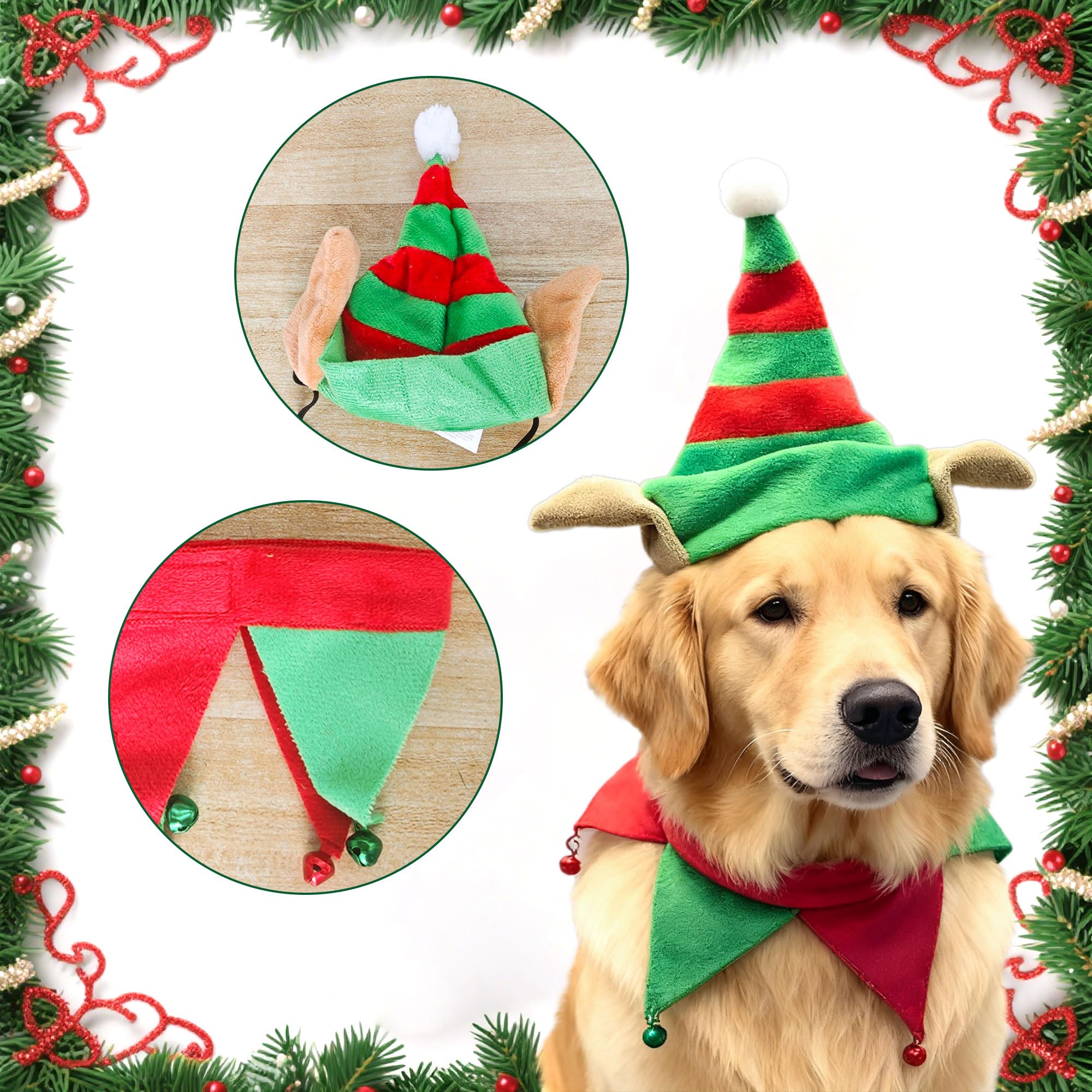 LaVenty Christmas Santa Hat for Dog Bell Scarf Elf Costume for Puppy Cat Dog Party Outfit Red and Green L Size - Image 3