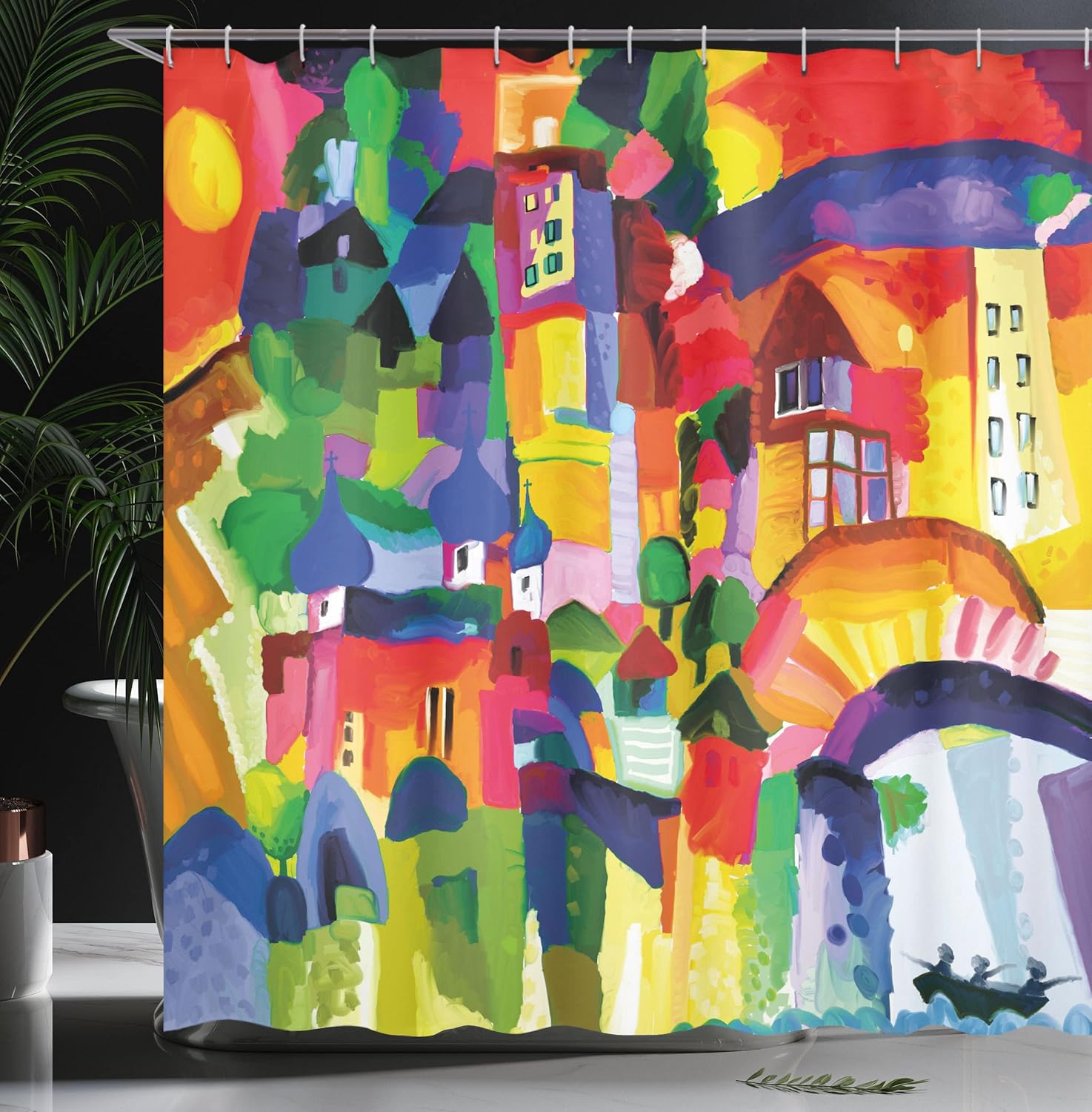 Ambesonne Art Shower Curtain, Modern Vivid Abstract Architectural Buildings Urban Apartment Houses Village Landmark, Cloth Fabric Bathroom Decor Set with Hooks, 69" W x 70" L, Green Orange Purple