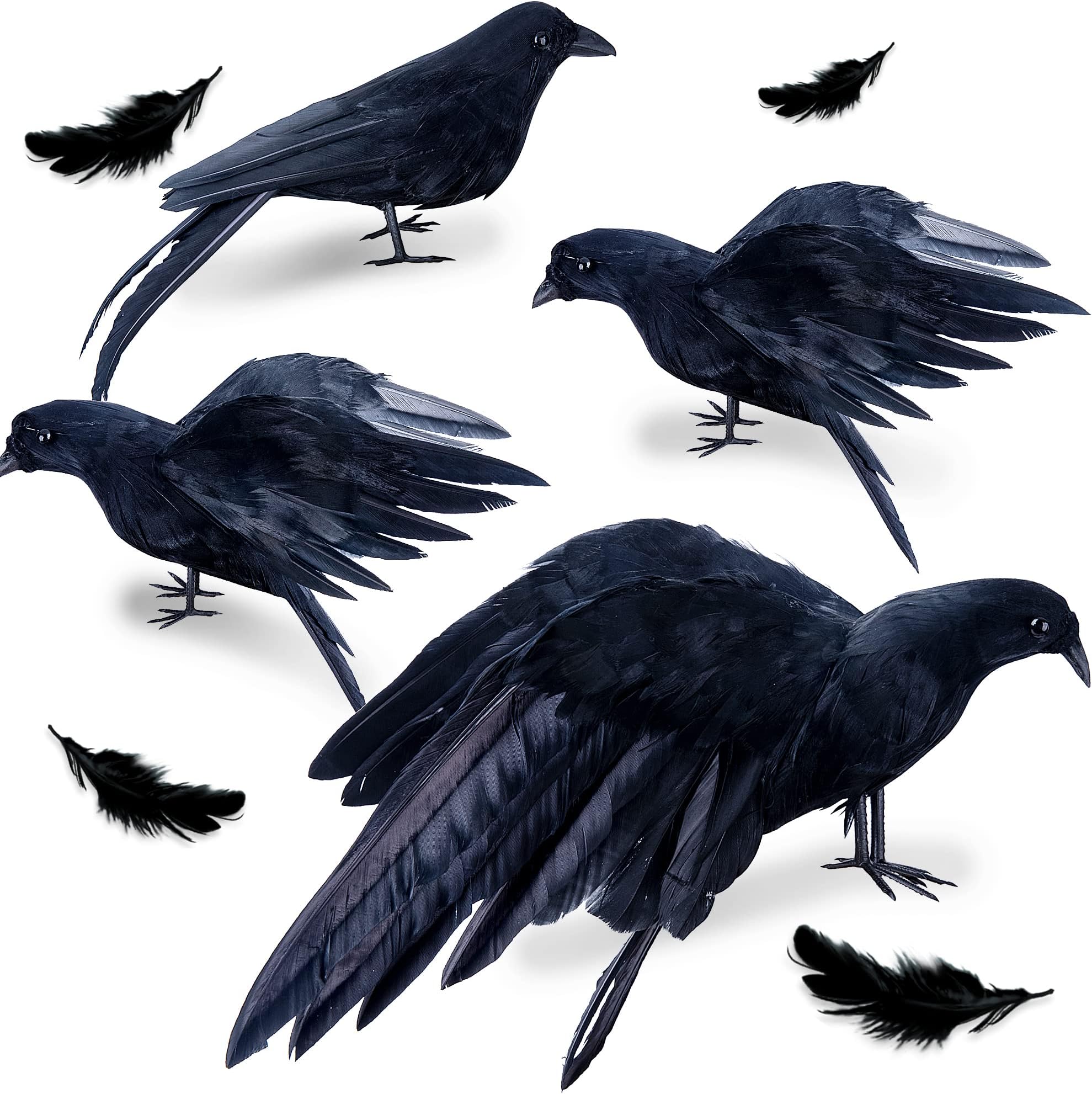 4Pack Realistic Black Feathered Crow Bird - 13" Halloween Artificial Handmade Feathered Crows and 6" Halloween Lifelike Raven for Halloween Costume Party Outdoor Indoor Decor (Assembly Required)