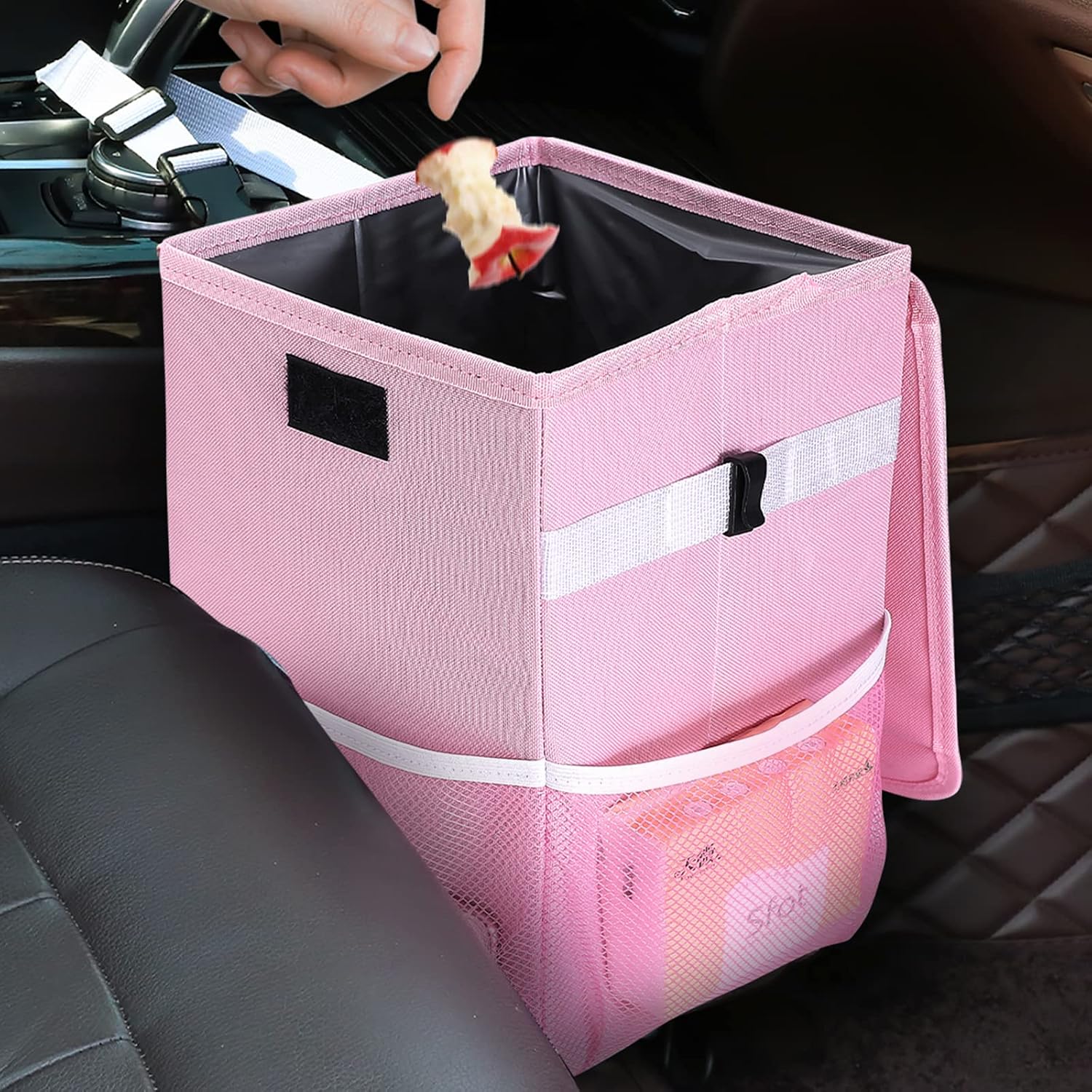 Lamgool Hanging Car Trash Can with Lid 3 Gallons Large Capacity Leakproof Bag with Storage Pockets Waterproof Candy Barbie Pink Litter Garbage Bag Foldable Organizer for Automotive Home Camping