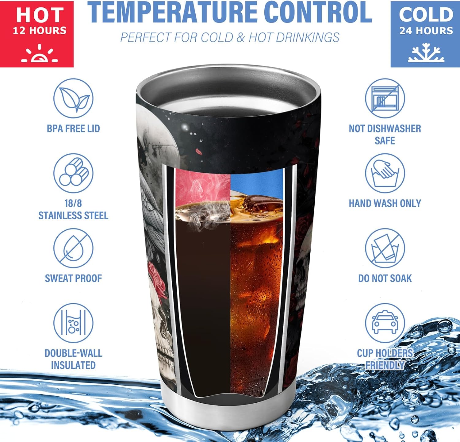 Halloween Skull and Raven Tumbler, 20oz Insulated Stainless Steel Coffee Travel Mug with Lid, Gothic Horror Cup for Women Men, Funny Spooky Tumbler for Her - Image 2