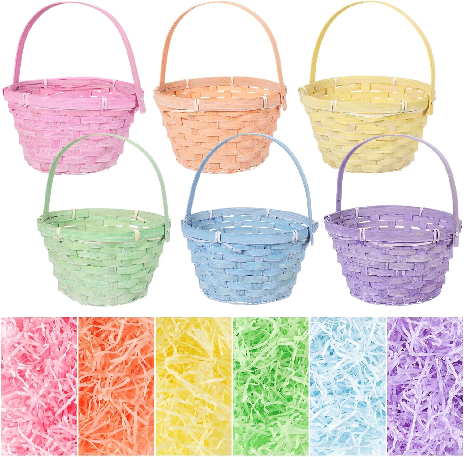 Yerliker 6 Pcs Easter Woven Baskets and 6 Pack Grass Raffia Filler Round Bamboo Woven Basket with Folding Handle Goodie Gift Buckets for Easter Egg Hunt Candy Fruit Treats Party Favors (Macaron Color)