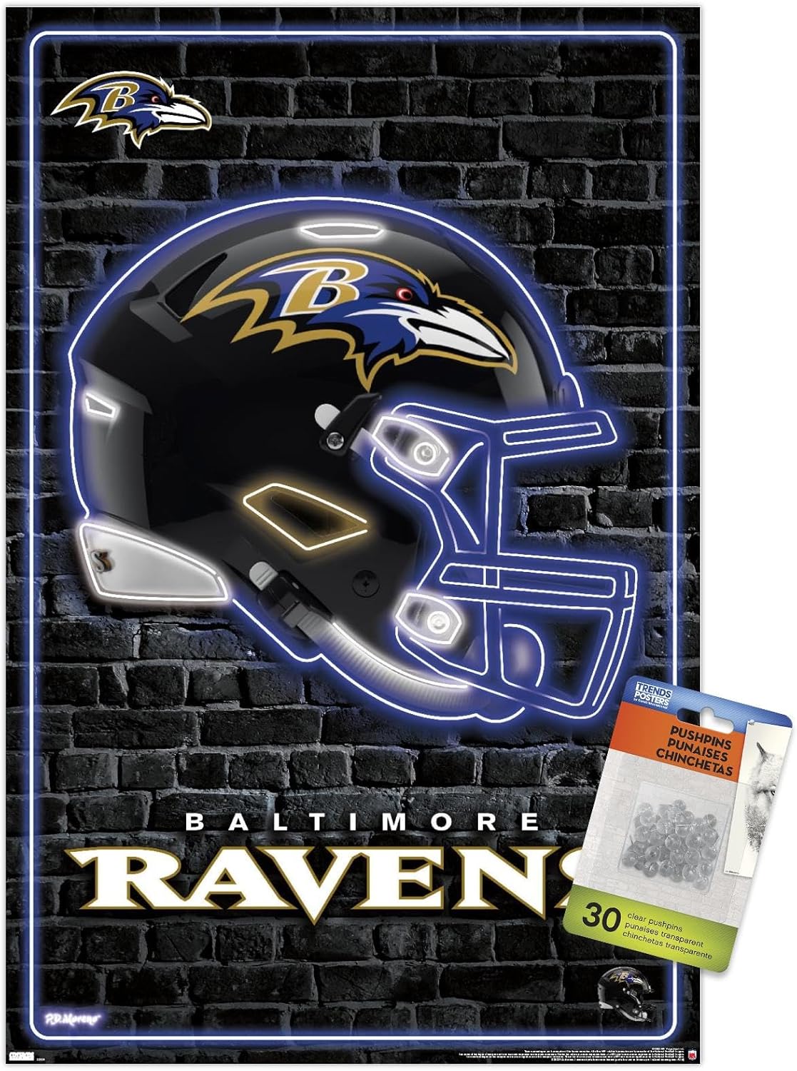 Trends International NFL Baltimore Ravens - Neon Helmet 23 Wall Poster, 22.375" x 34", Premium Poster & Push Pin Bundle