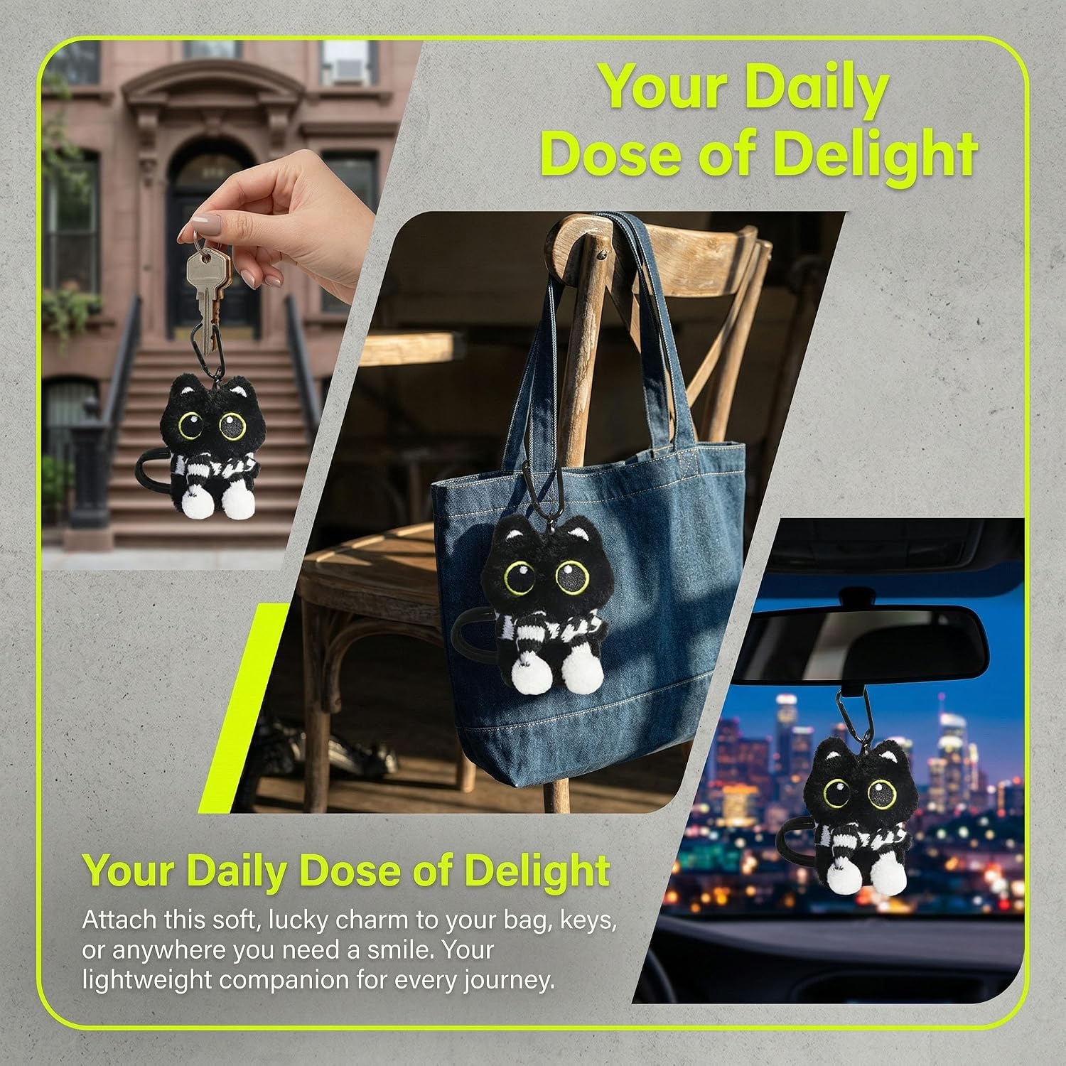 Little Ant Black Cat Plush Keychain, Cute Stuffed Animal Bag Charm with Carabiner Clip, Soft Lucky Charm for Keys, Bags,Car image 3