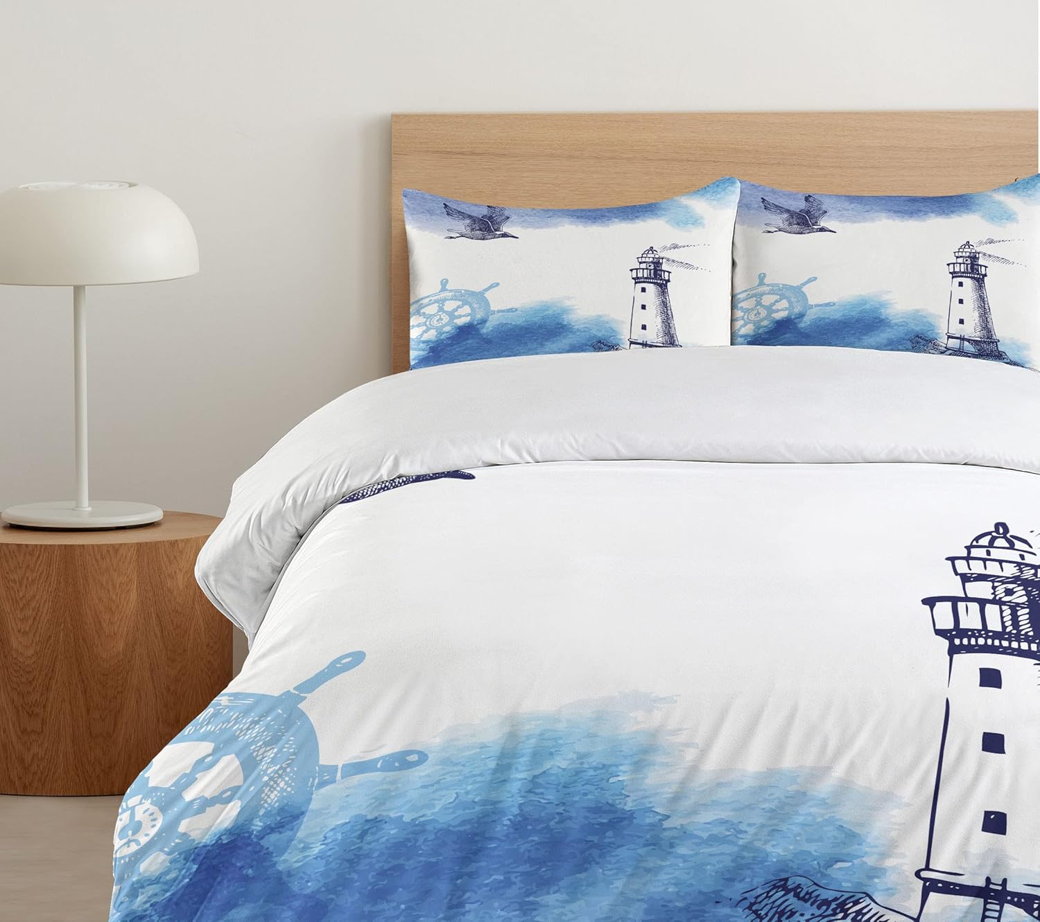 Ambesonne Lighthouse Duvet Cover Set, Nostalgic Watercolors Gull Anchor Tower Nautical Theme, Decorative 3 Piece Bedding Set with 2 Pillow Shams, Queen Size, Navy Blue