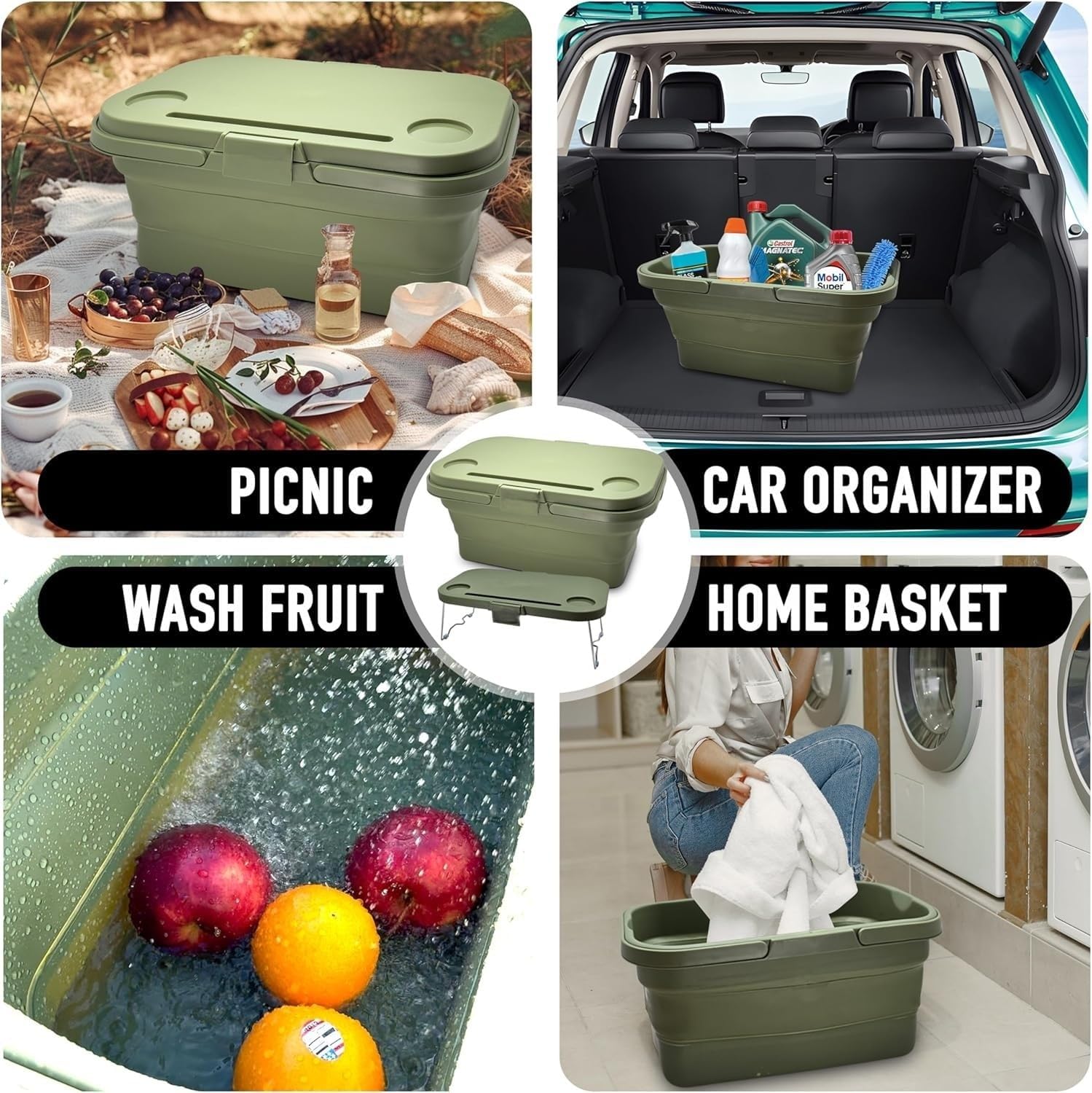 Multifunction Collapsible Picnic Basket Set with Table Lid Portable Outdoor Folding Camping Storage Silicone Basket with Handle