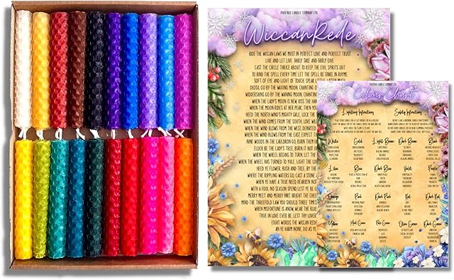 20 Pack of 4 Inch Beeswax Spell Candles | Assorted Colours | Unscented | Wiccan Rede | Colour Chart | Hand-Rolled | Burn Time 80 Mins