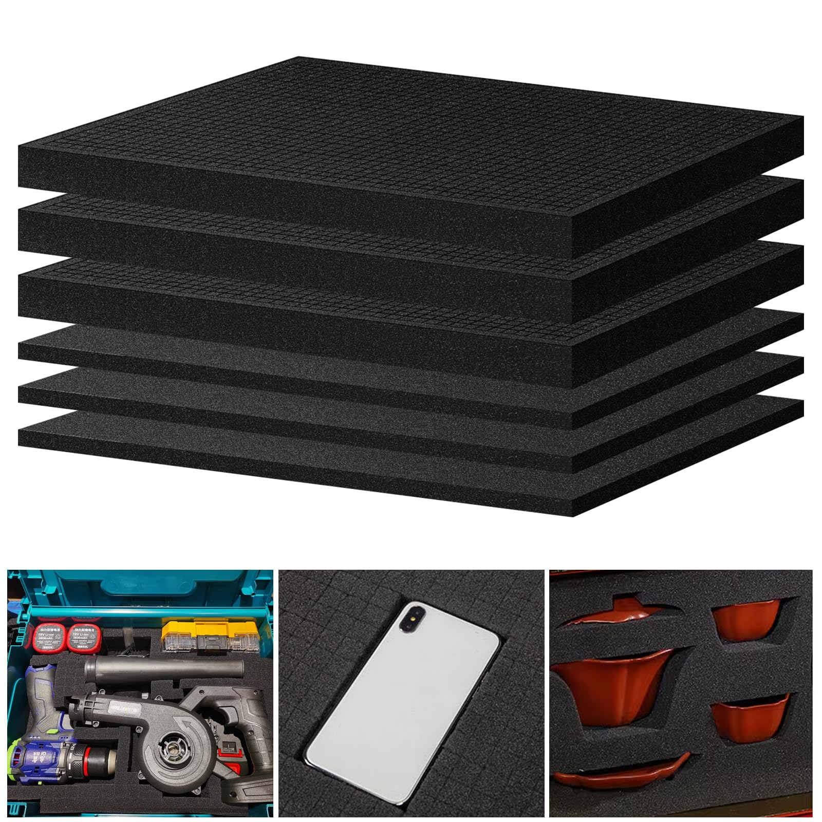 HEKOBAG 3 Sets 6 Stück Schaumstoff Werkzeugkoffer Rasterschaumstoff Würfelschaum 405 x 305 x 50mm/405 x 305 x 10mm Raster Schaumstoffeinlage Schwarz Kamerakoffer Tabletop Schaumstoff Koffereinlage
