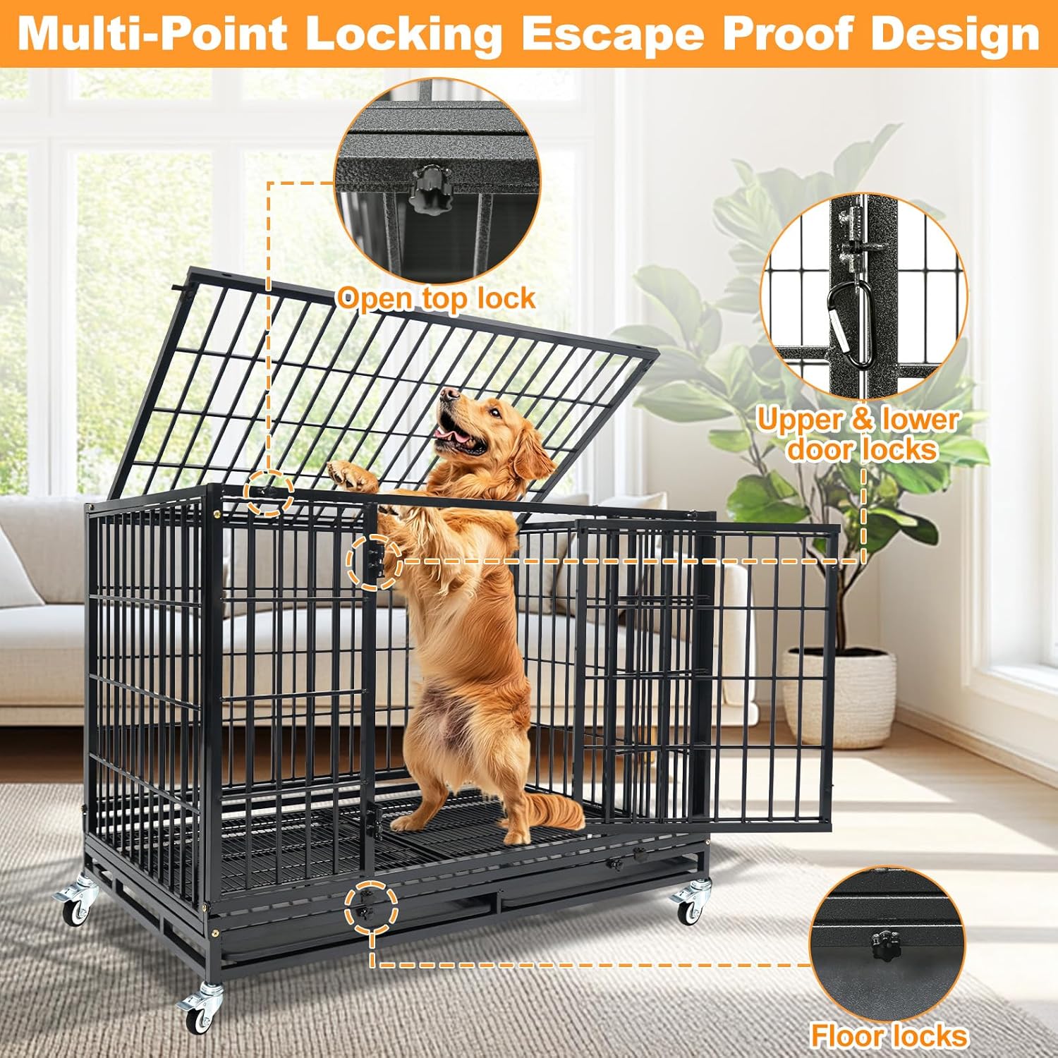 Homey Pet Heavy Duty Dog Crates for Large Dogs, 47 Inch Stackable Large Dog Crate Cage with 4 Wheels, 2 Removable Trays and Grids, 2 Bowls, Multi Locks Strong & Solid Escape Proof Dogs Kennel Indoor