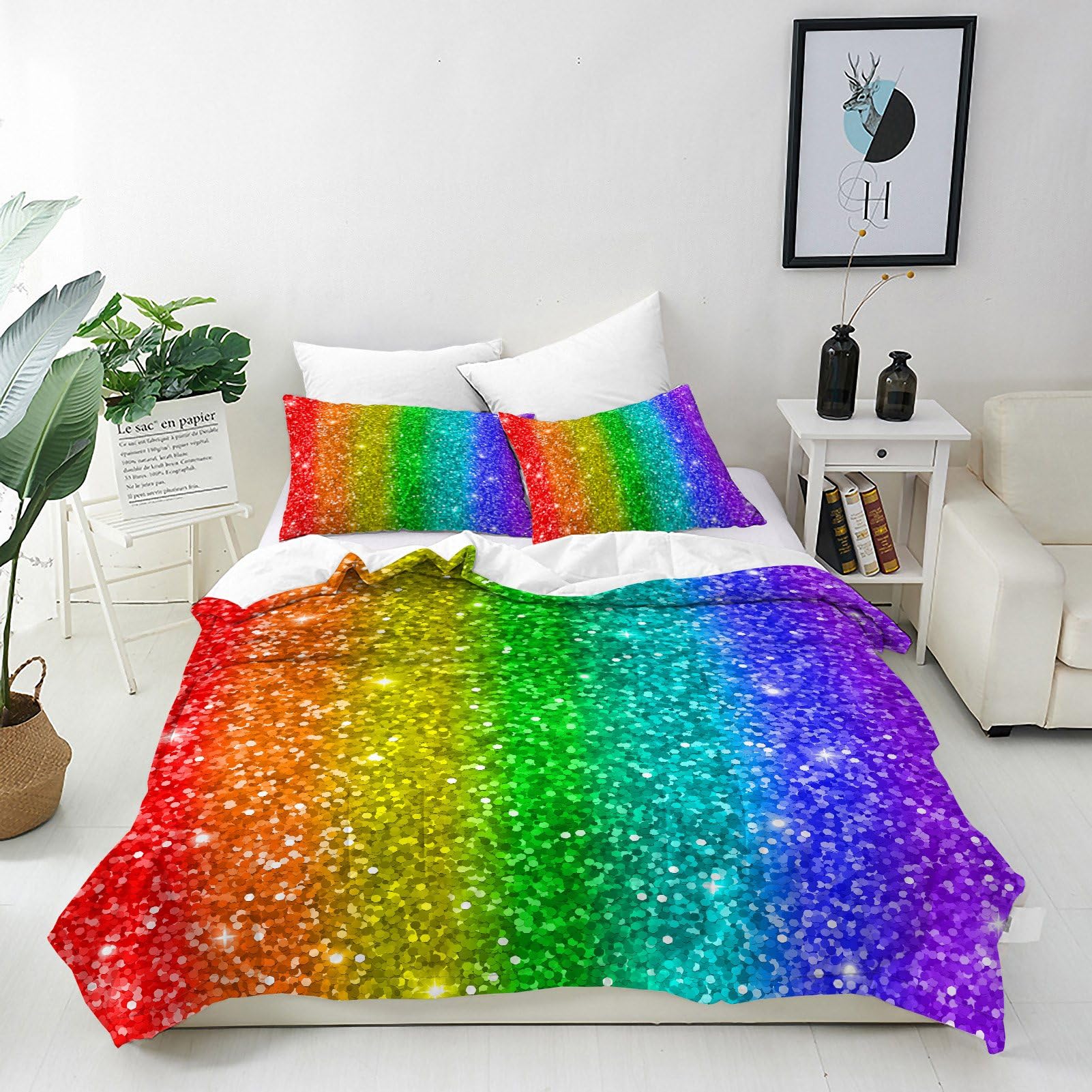 ANHOPE Rainbow Duvet Cover Set 3 Piece Bedding Set with 2 Pillowcases Colorful Spot Stripe Print Pattern Soft Breathable Microfibre Quilt Cover with Zipper Closure Super King