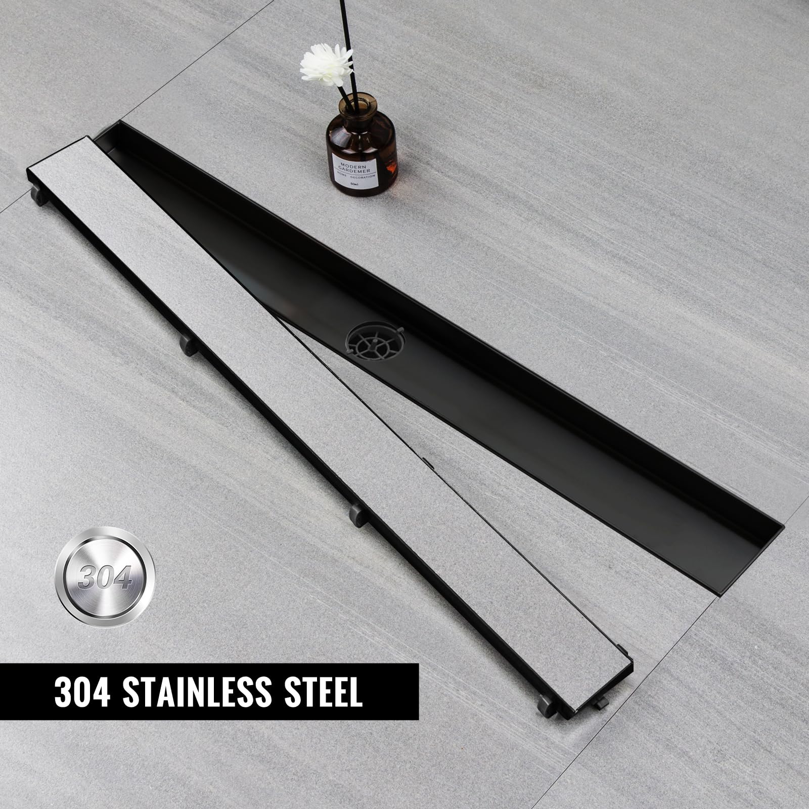 Canale doccia 90 cm, Nero Canale doccia piastrellato extra piatto, scarico pavimento in acciaio inox Set completo con filtro a sifone a 360°