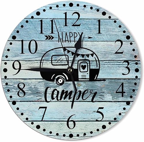 Reloj de pared Happy Camper de 10 pulgadas, funciona con pilas, silencioso, sin tictac, moderno, decorativo, para el hogar, cocina, sala de estar,