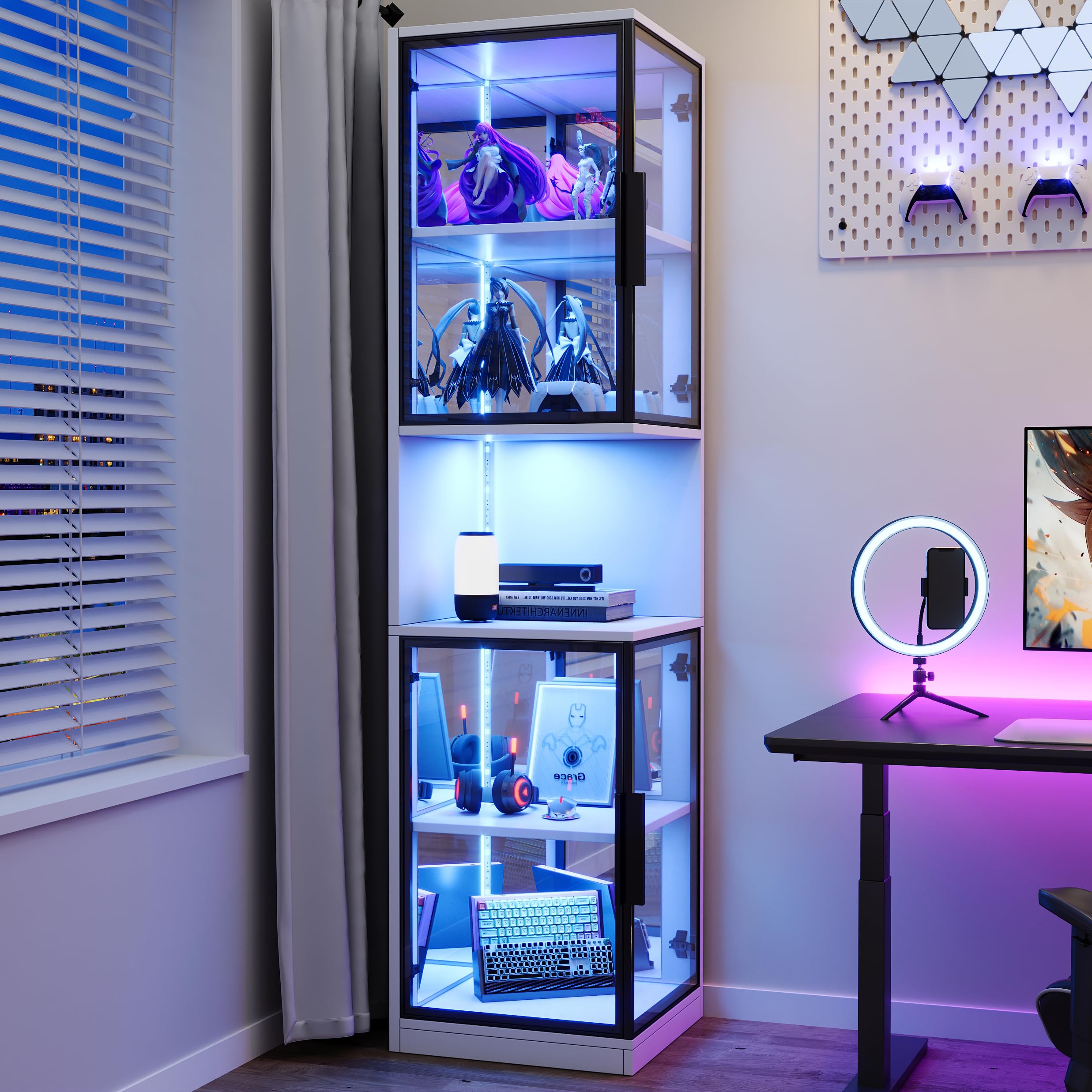 Dolamaní Vitrine 205 cm hoher mit LED Beleuchtung und Doppelten Glastüren, Glasvitrine, Eckvitrine, 5-Lagen Sammlervitrine, Kippschutzvorrichtung, für Wohnzimmer,Schlafzimmer,Büro (Weiß)
