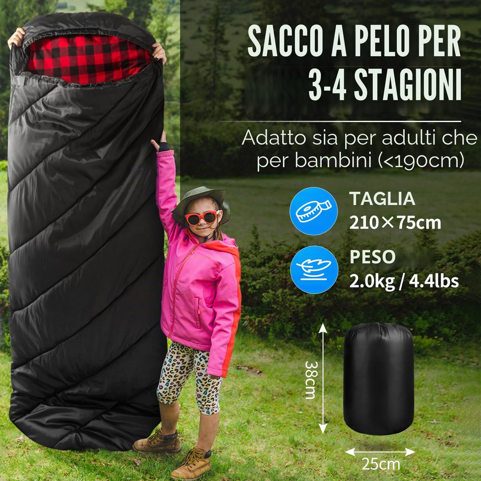 Bessport Sacco a pelo 3 – 4 stagioni – Sacco a pelo invernale in flanella, caldo sacco a pelo per esterni, misura piccola, ultraleggera, impermeabile, per campeggio, viaggi, escursioni, per adulti