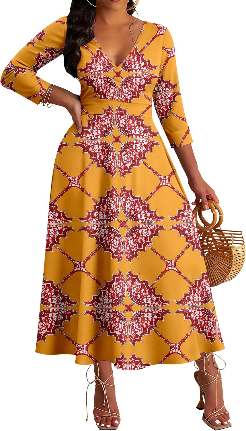 FANDEE Women's Dresses Church Loose Fit V Neck Dress with 3/4 Sleeve and Belt Design Casual Long African Attire Dress