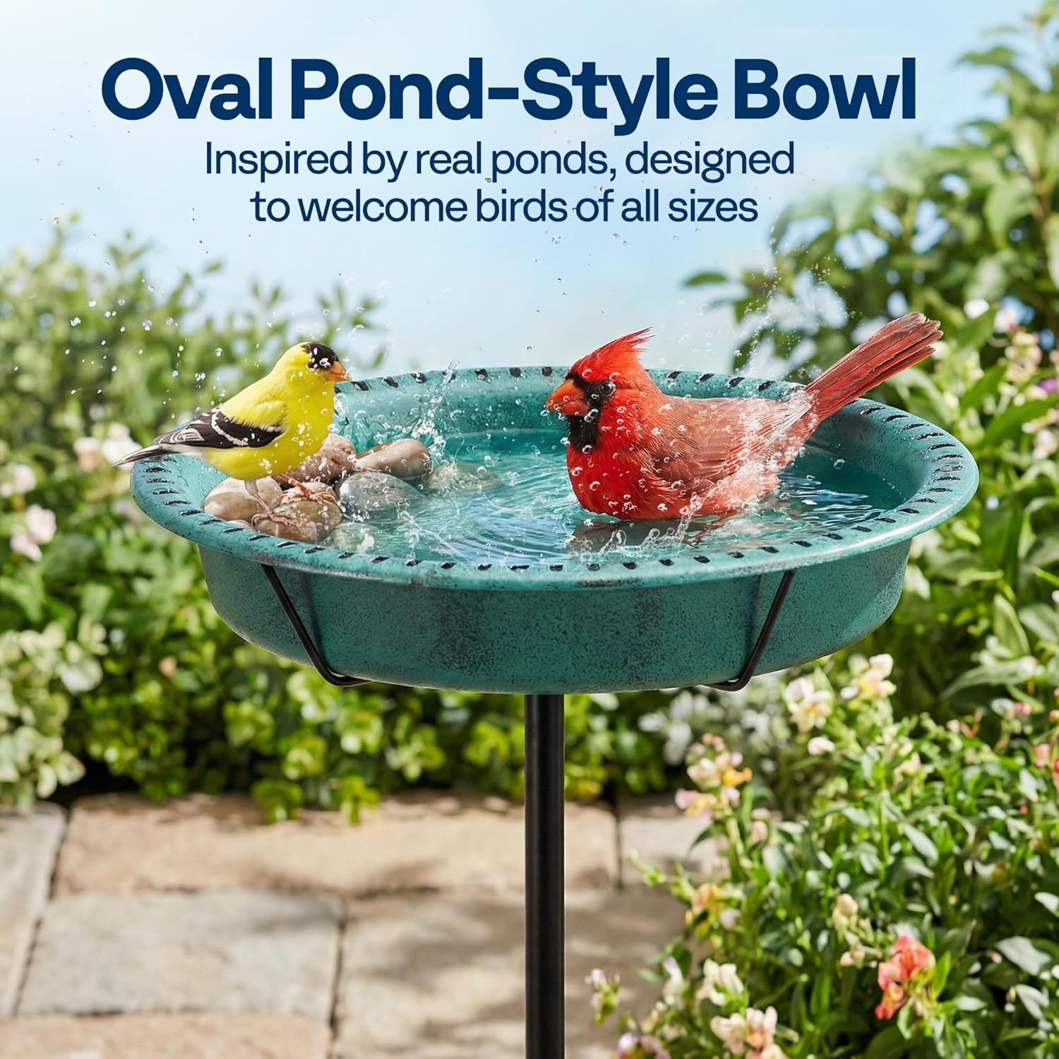 VIVOHOME Oval Bird Bath for Outside, Outdoor Birdbath Bowl with Metal Ground Stake, Weather-Resistant ABS Bird Bath and Feeder for Garden, 1.3 Gallons, Green
