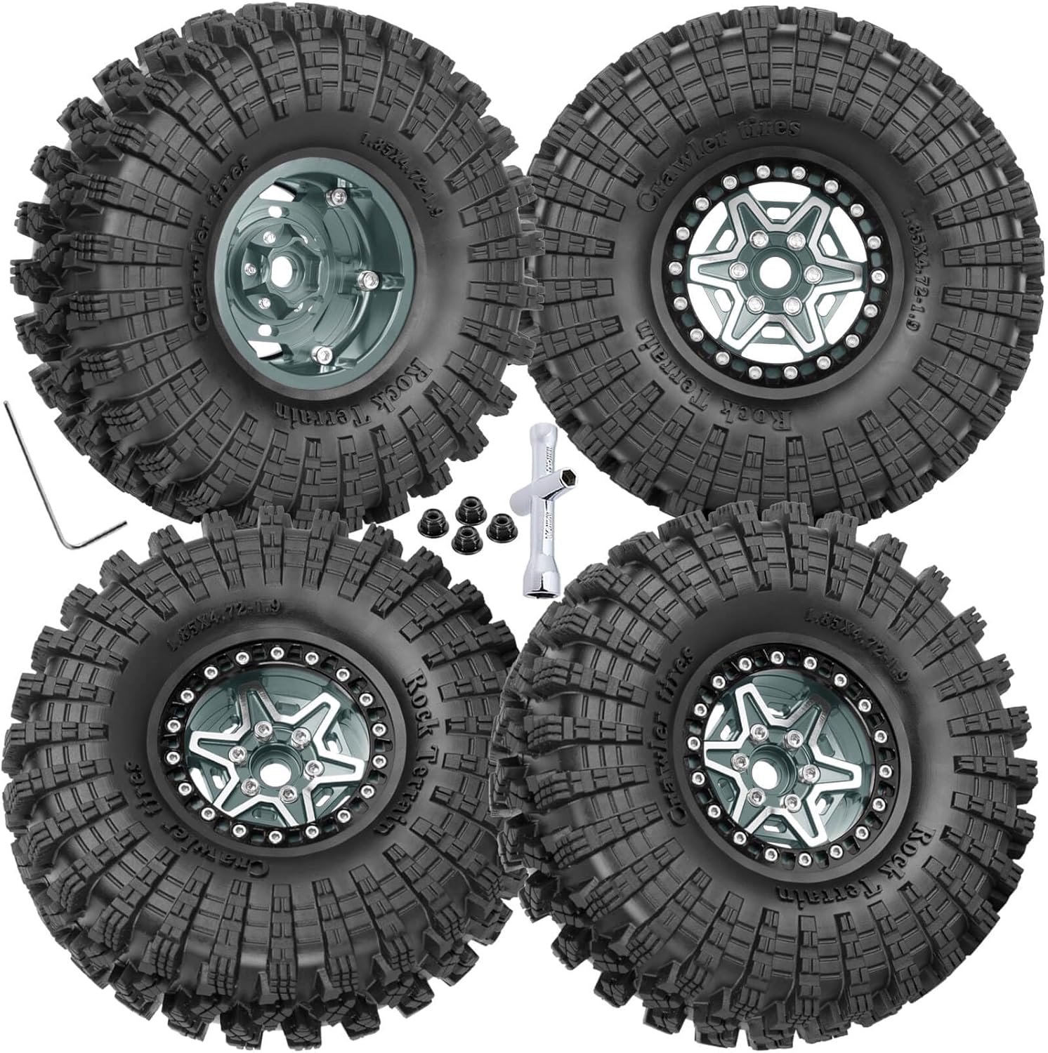 1.9 Wheels and Tires for 1/10 TRX4 TRX6 SCX10 SCX10 II 90046 SCX10 III AXI03007 SCX10 Pro Gen7/8 D90 VS4-10 MST CFX RC Crawler Car,Aluminium RC 1.9 Beadlock Wheels and Rubber Tires,Titanium